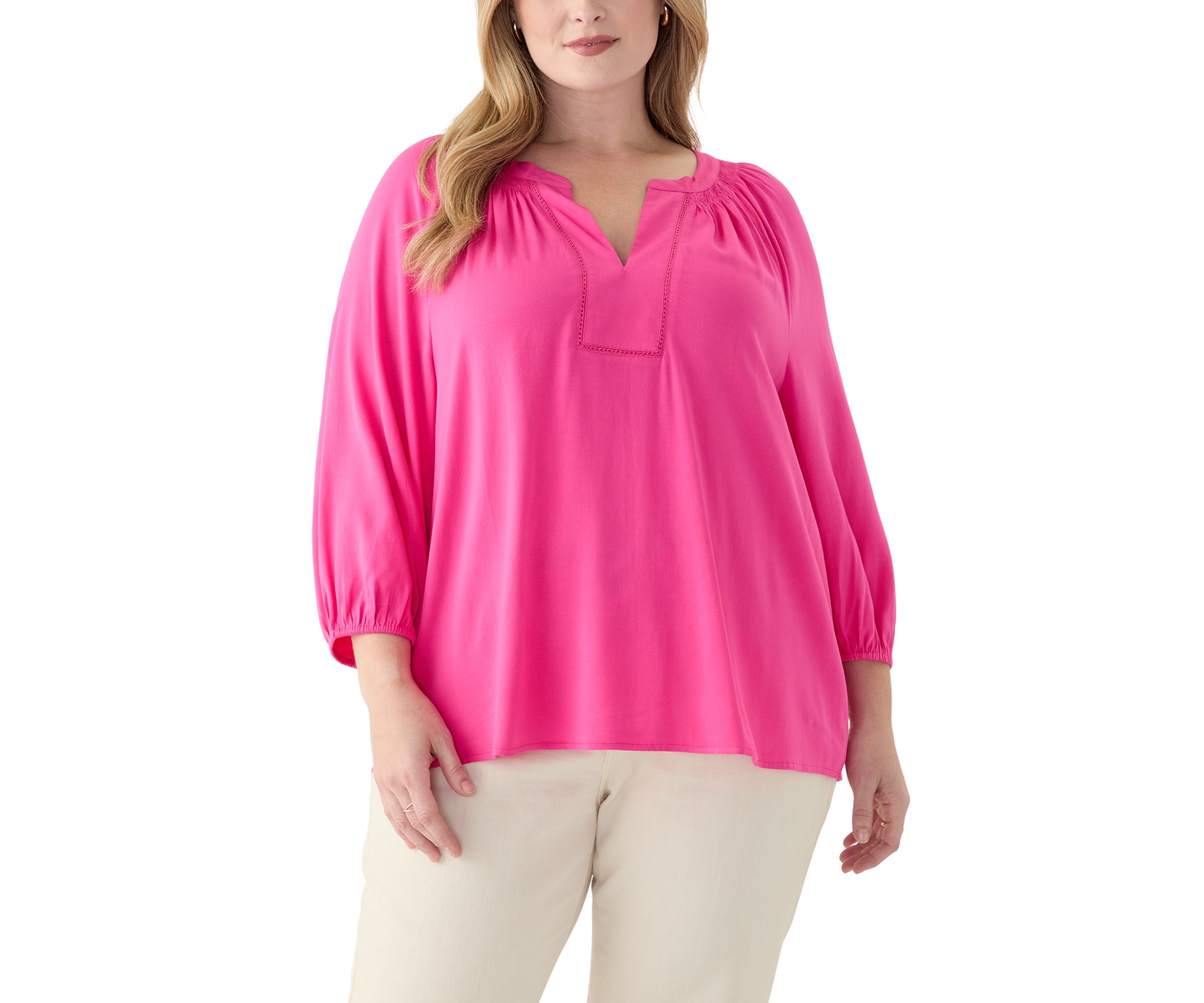 Plus Size 3/4 Sleeve Trim Peasant Blouse