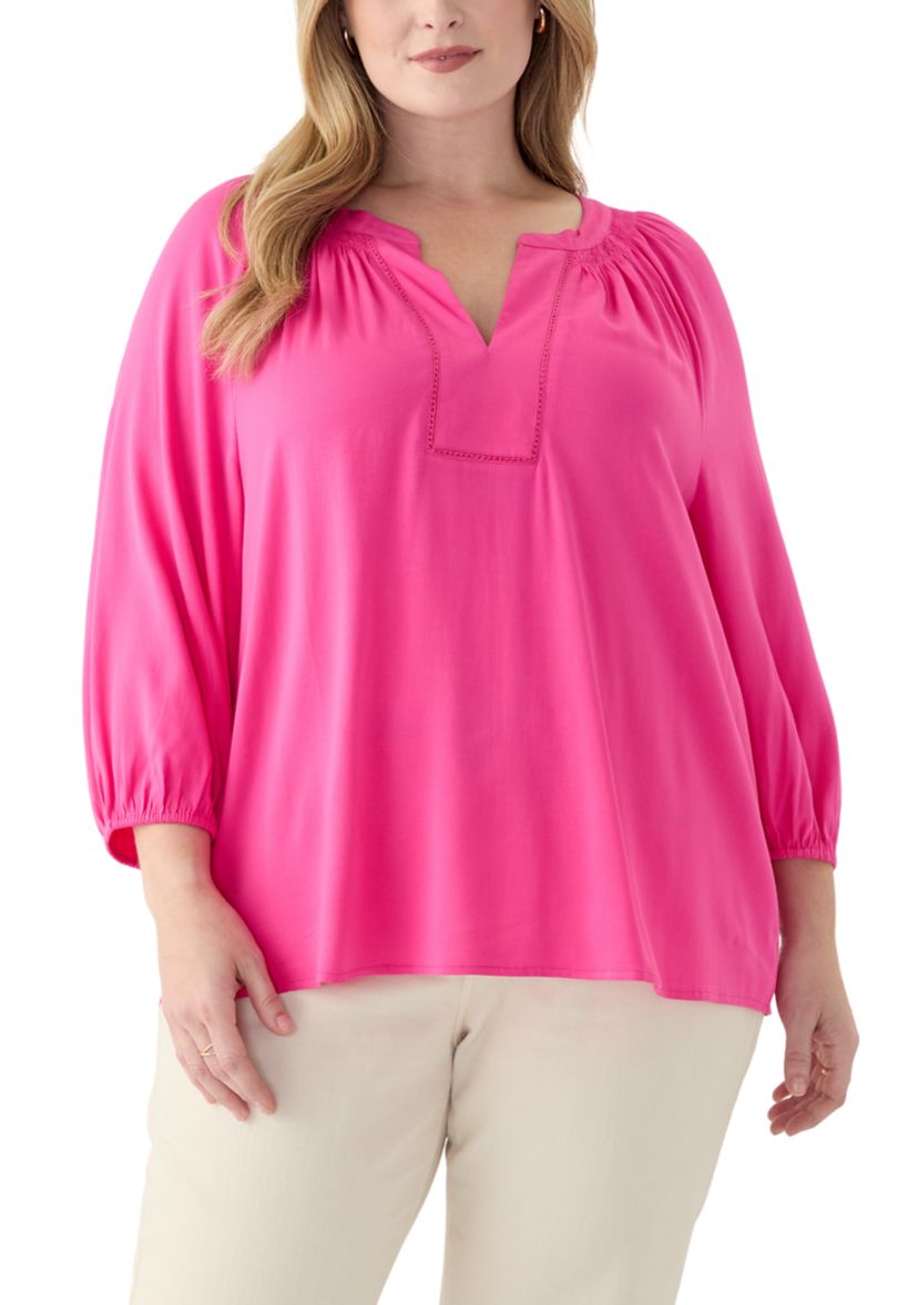 Plus Size 3/4 Sleeve Trim Peasant Blouse