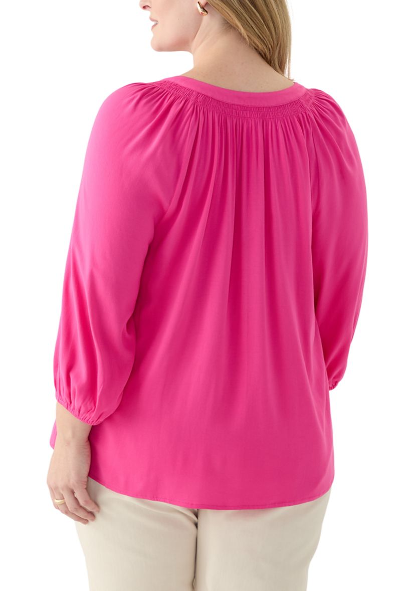 Plus Size 3/4 Sleeve Trim Peasant Blouse
