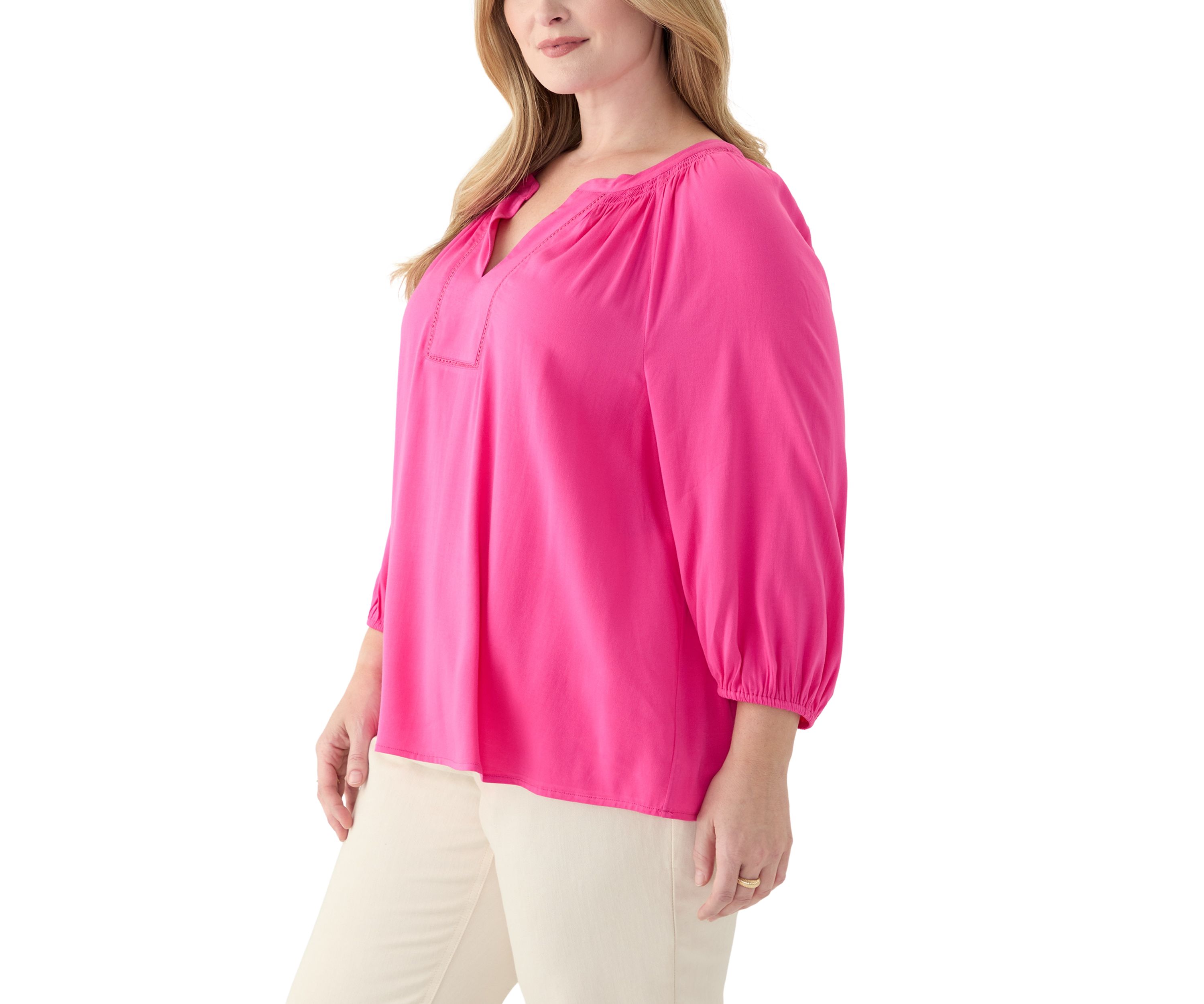 Plus Size 3/4 Sleeve Trim Peasant Blouse