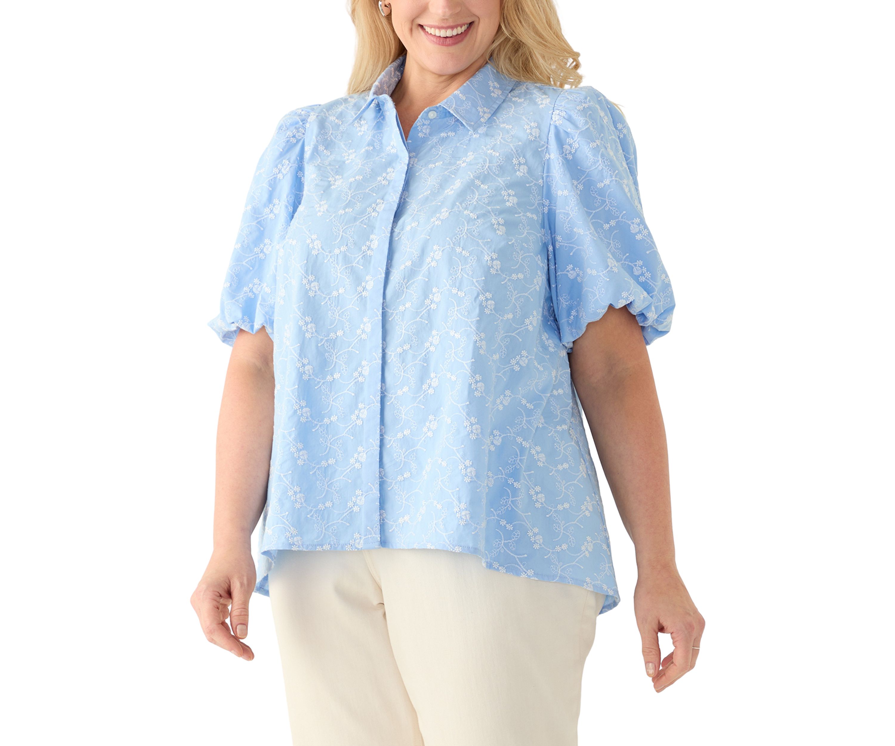 Plus Size Elbow Puff Sleeve Floral Button Up Shirt 
