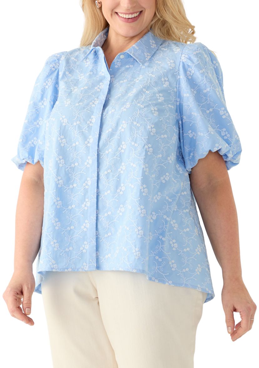 Plus Size Elbow Puff Sleeve Floral Button Up Shirt 