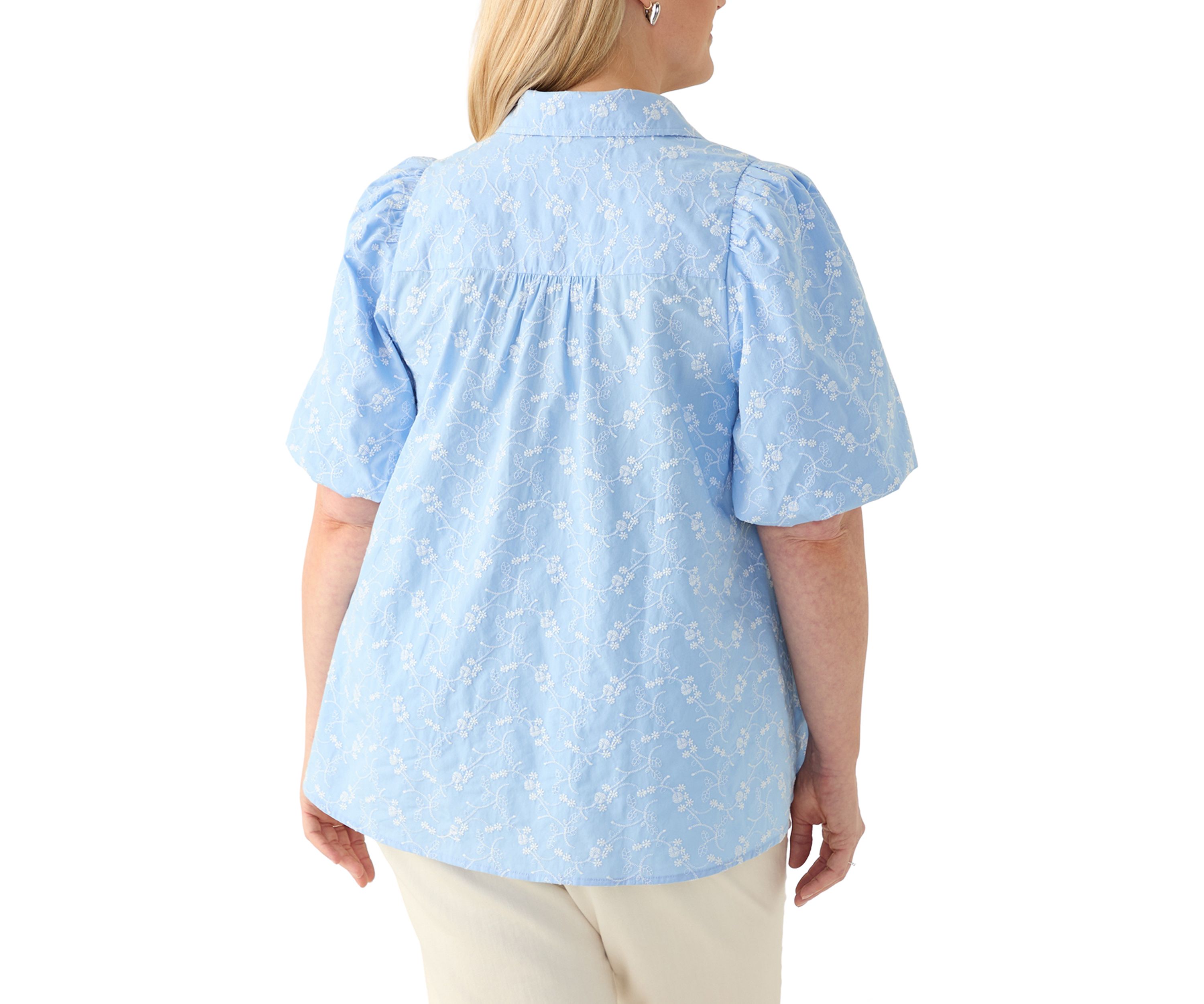 Plus Size Elbow Puff Sleeve Floral Button Up Shirt 