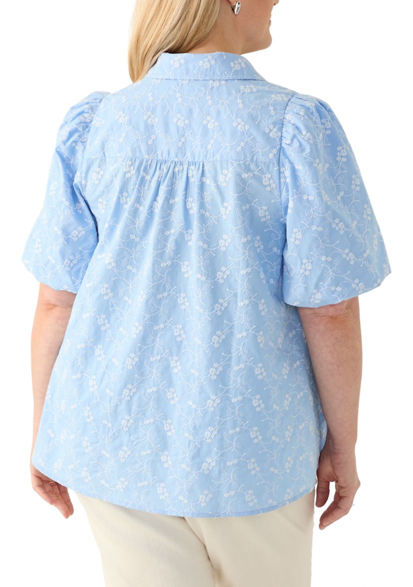Plus Size Elbow Puff Sleeve Floral Button Up Shirt 