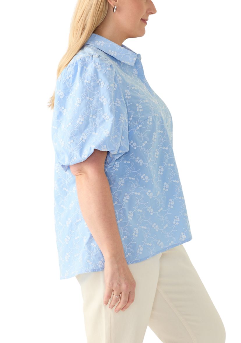 Plus Size Elbow Puff Sleeve Floral Button Up Shirt 