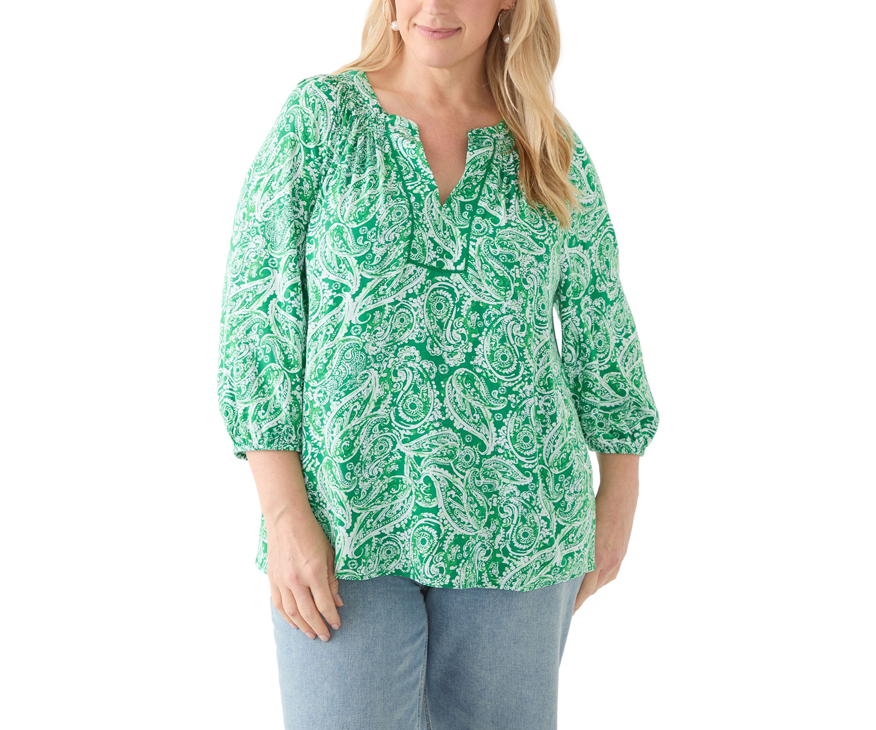 Plus Size 3/4 Sleeve Printed Peasant Top 