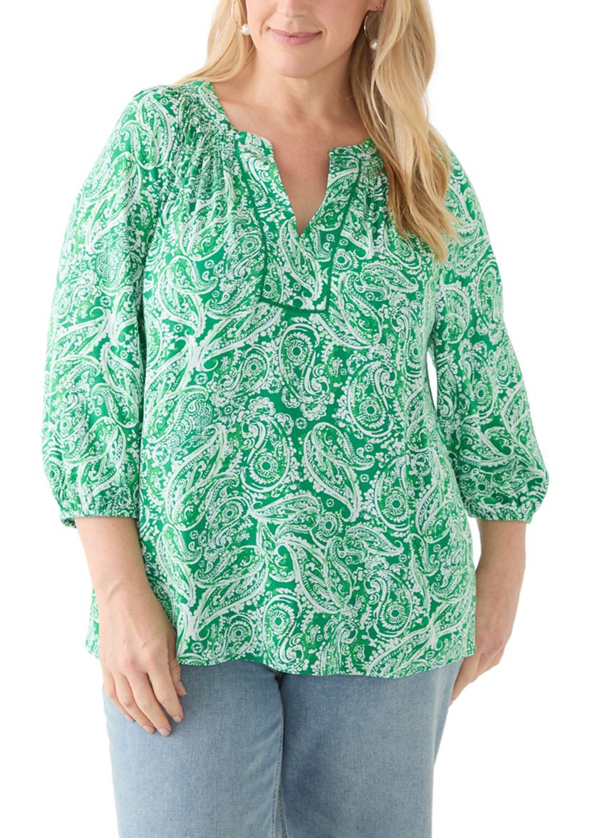 Plus Size 3/4 Sleeve Printed Peasant Top 