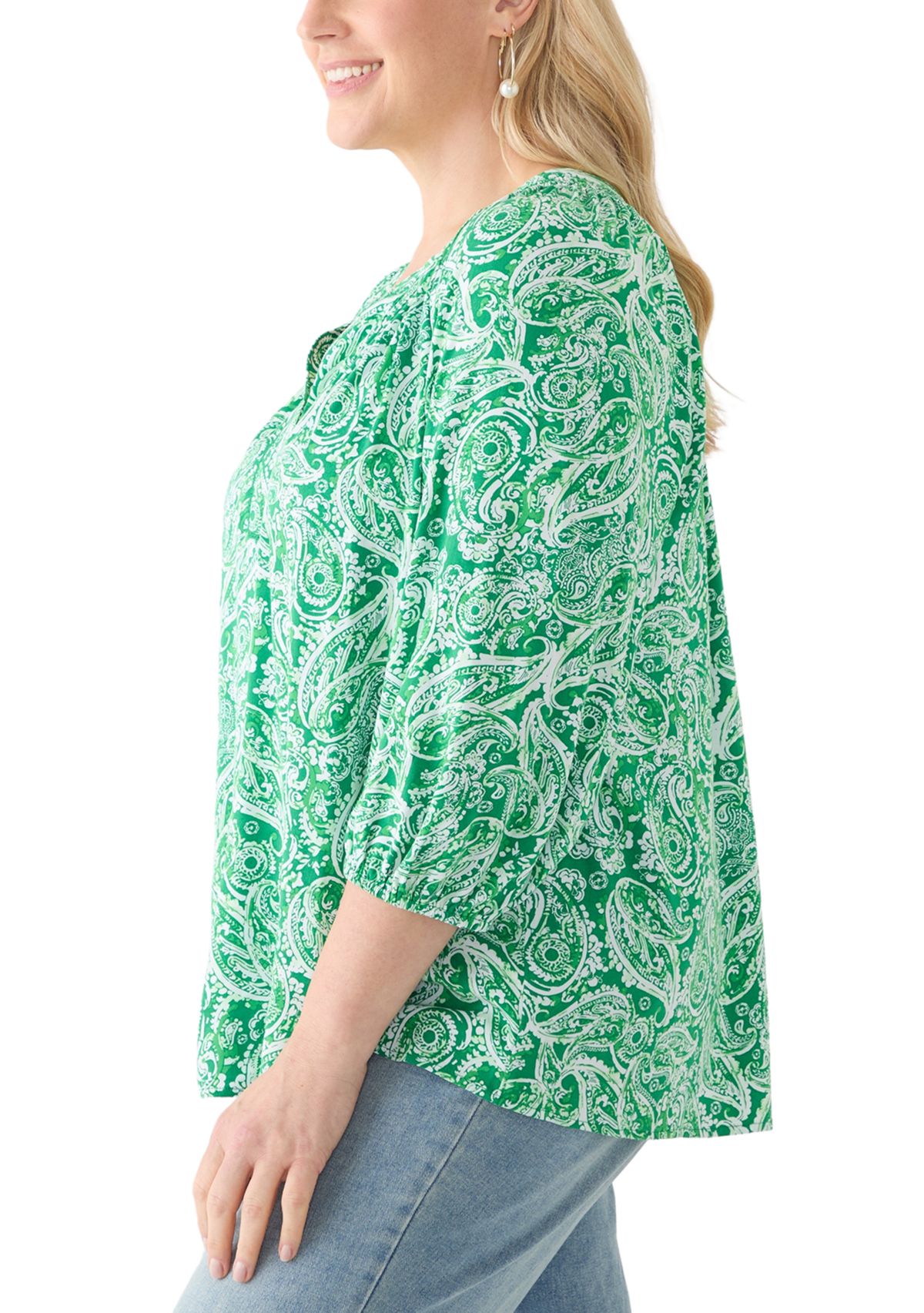 Plus Size 3/4 Sleeve Printed Peasant Top 