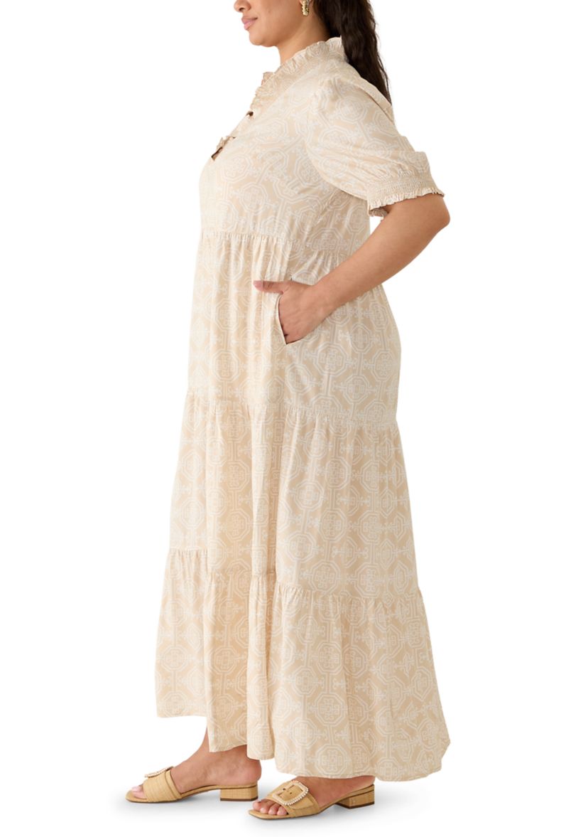 Crown & Ivy Plus Size Short Sleeve Smocked Ruffle Neck Dress | Belk