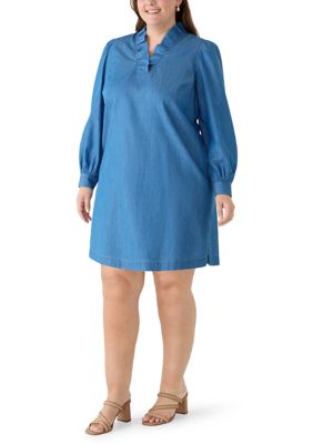 Crown & Ivy Women's Plus Size Long Sleeve Ruffle Neck Chambray Dress