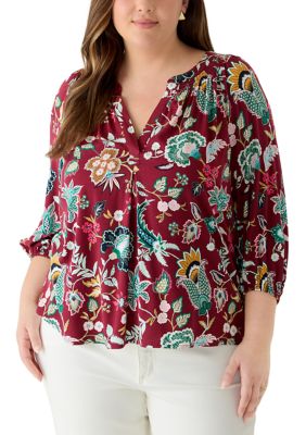 Crown & Ivy Women's Plus Size 3/4 Sleeve Print Peasant Top