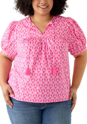Crown & Ivy Women's Plus Size Peasant Shirt with Tassels, Pink, 4X
