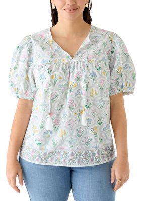 Crown & Ivy Women's Plus Size Print Peasant Shirt with Tassels, 2X