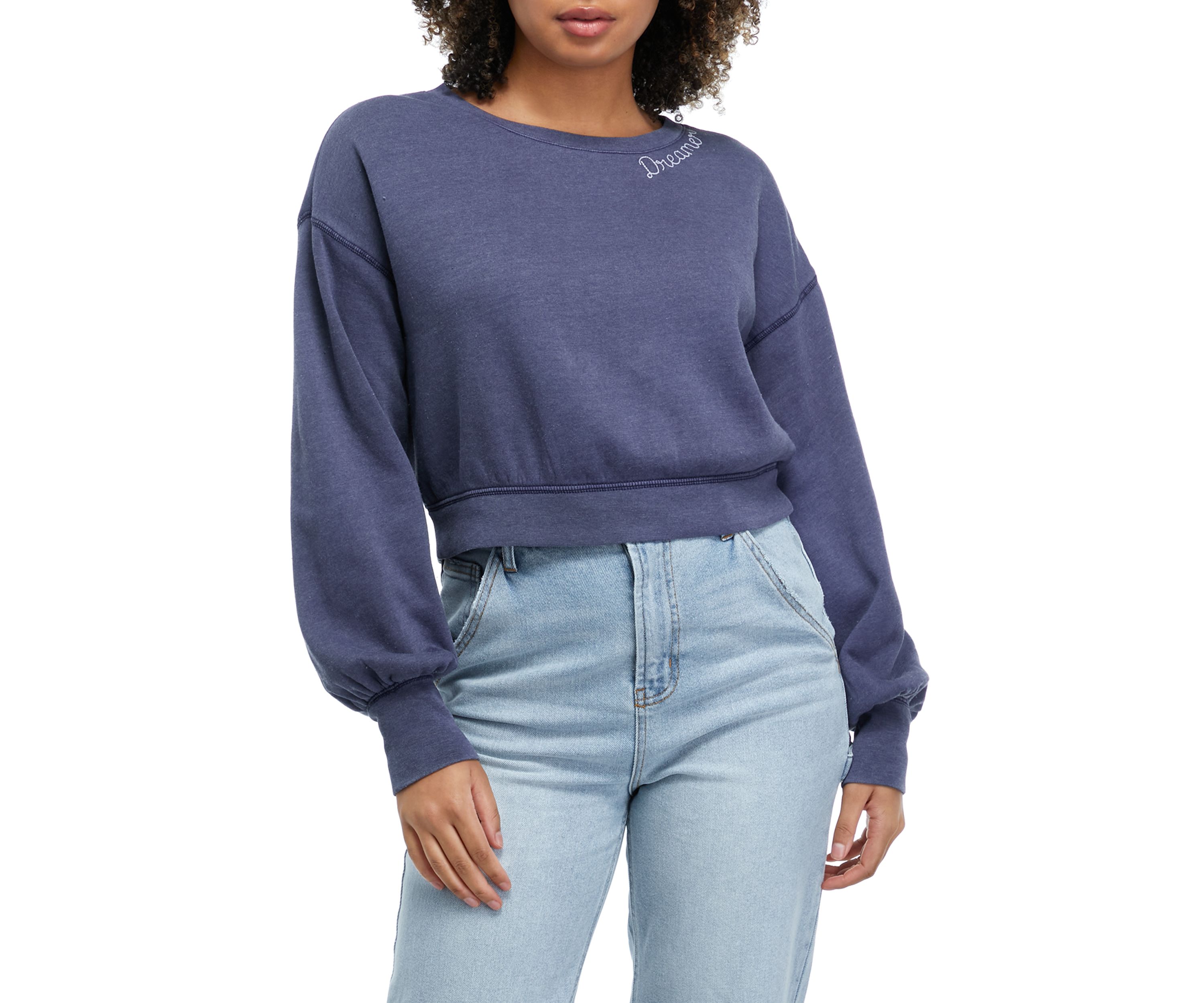 Juniors Long Sleeve Embroidered Cropped Sweatshirt