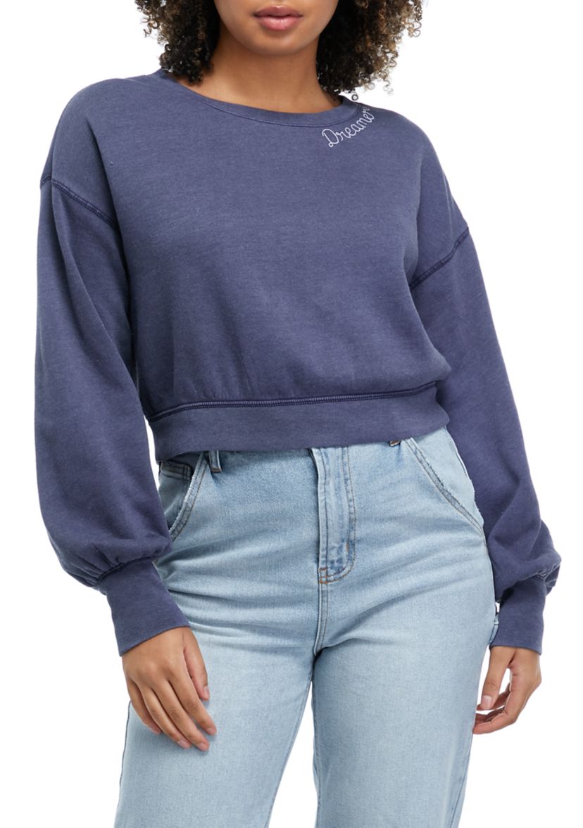 Juniors Long Sleeve Embroidered Cropped Sweatshirt