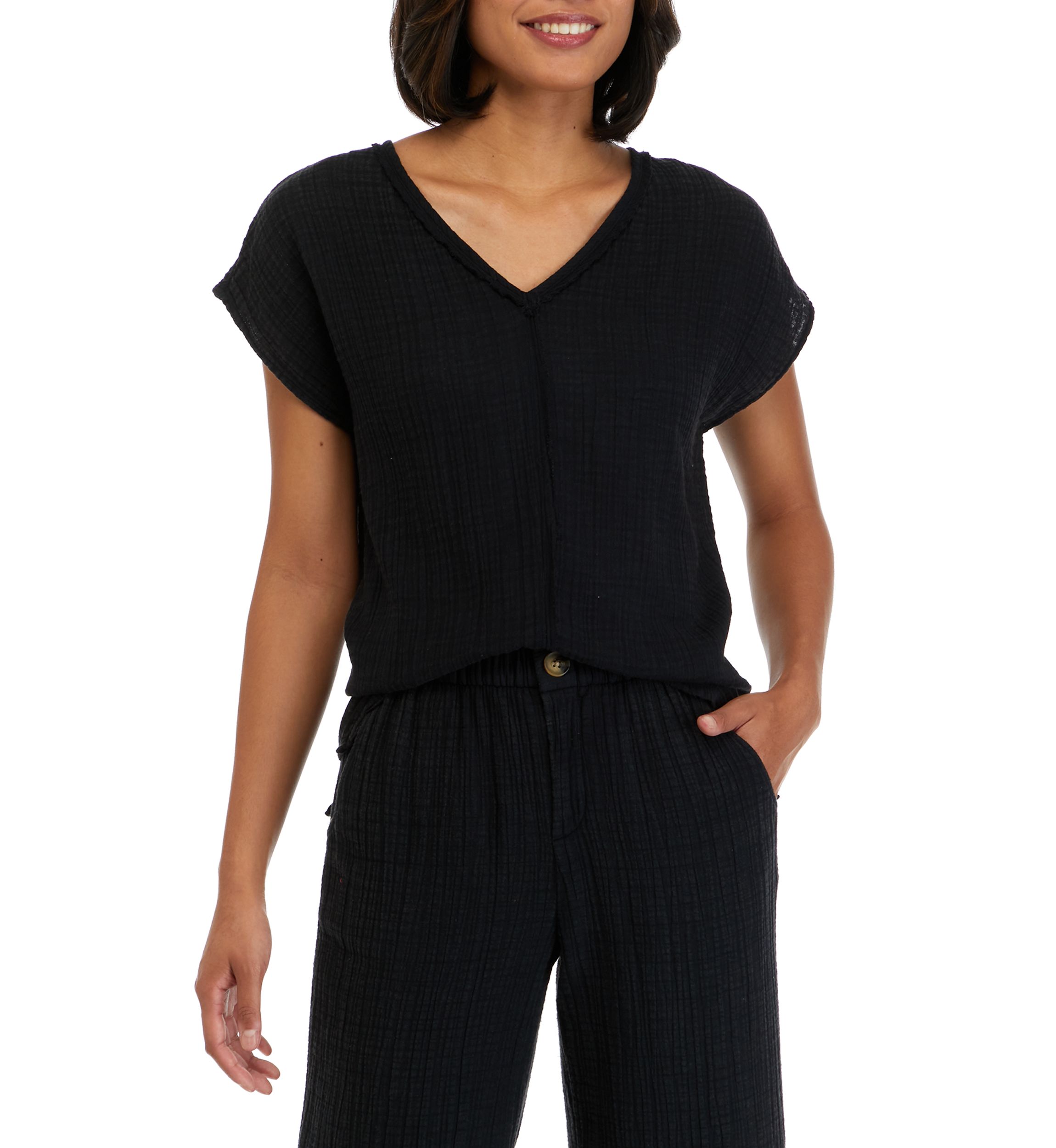 Womens  Short Sleeve Cotton Gauze V-Neck Dolman Top 