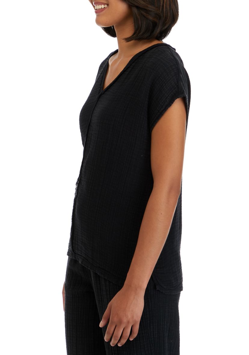 Womens  Short Sleeve Cotton Gauze V-Neck Dolman Top 
