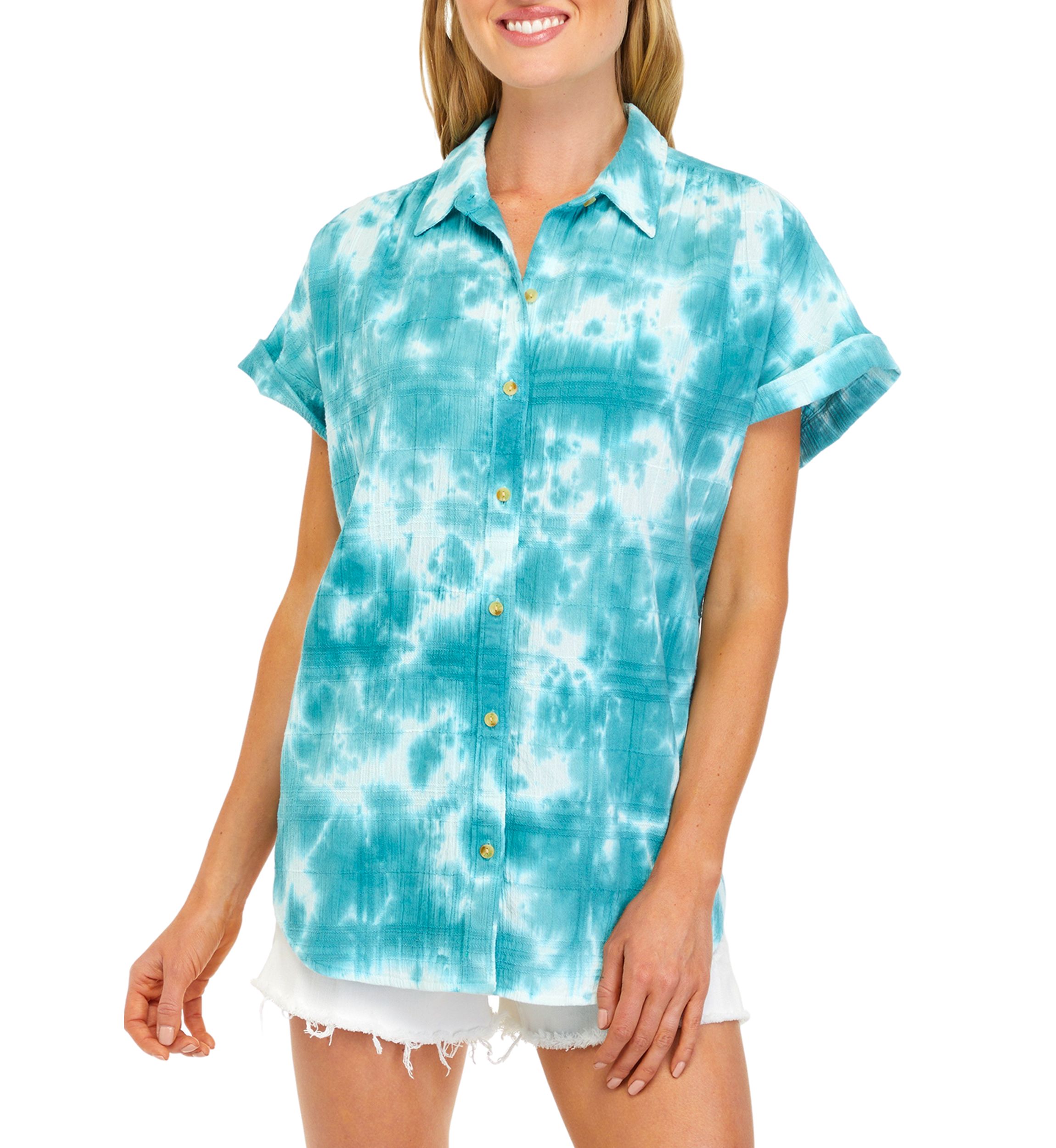 Womens Short Sleeve Boyfriend Button Up Shirt 