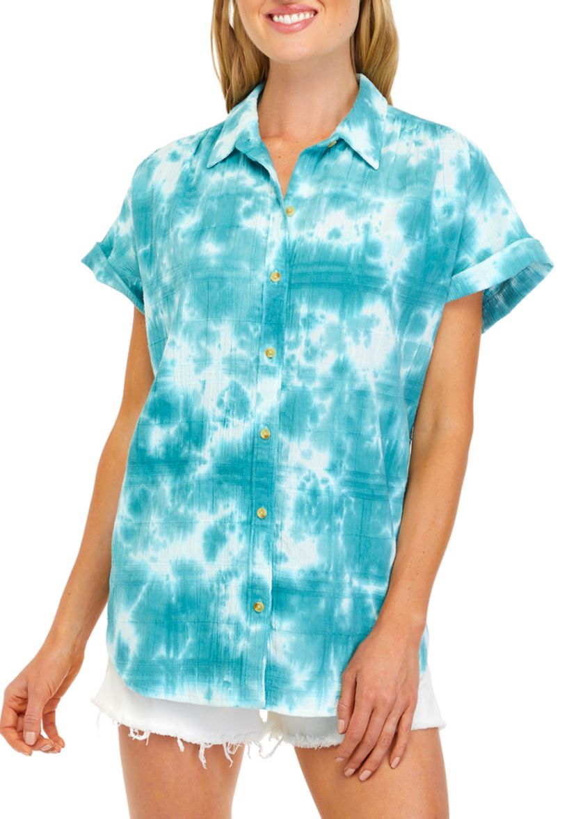 Womens Short Sleeve Boyfriend Button Up Shirt 