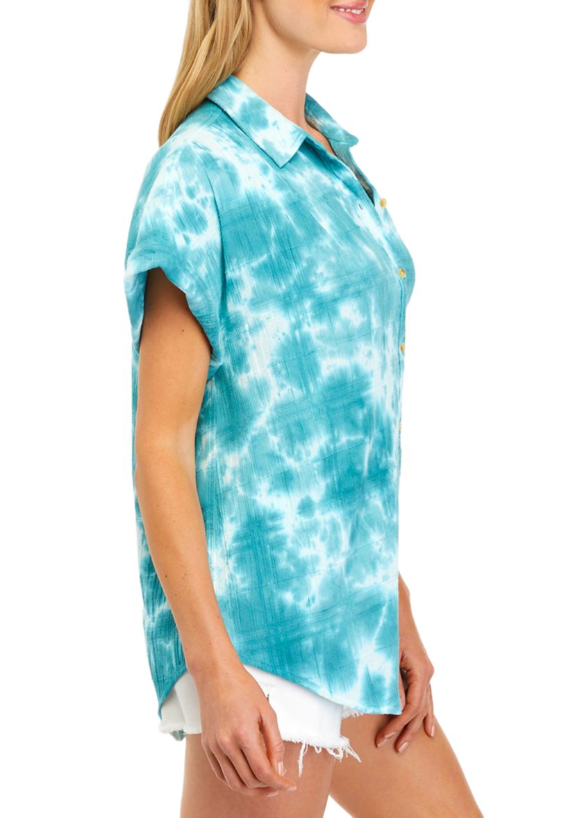 Womens Short Sleeve Boyfriend Button Up Shirt 