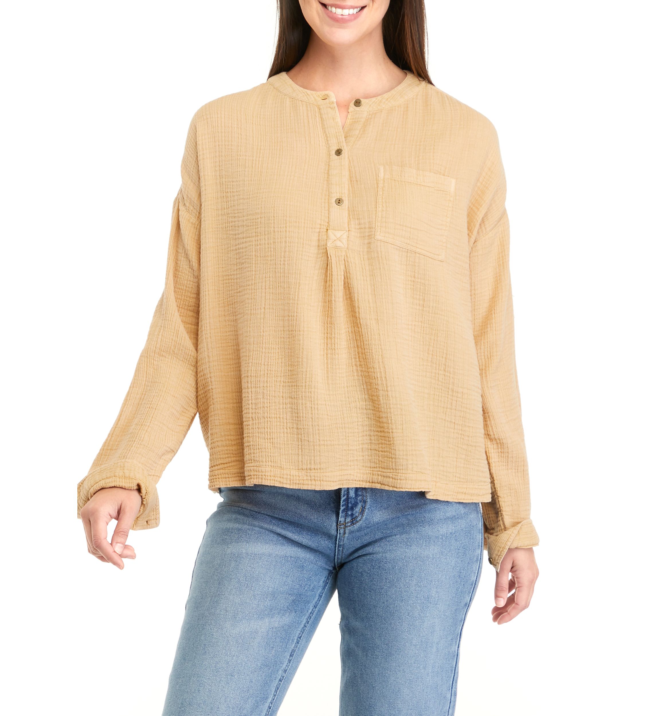 Womens Long Sleeve Gauze Henley Top							