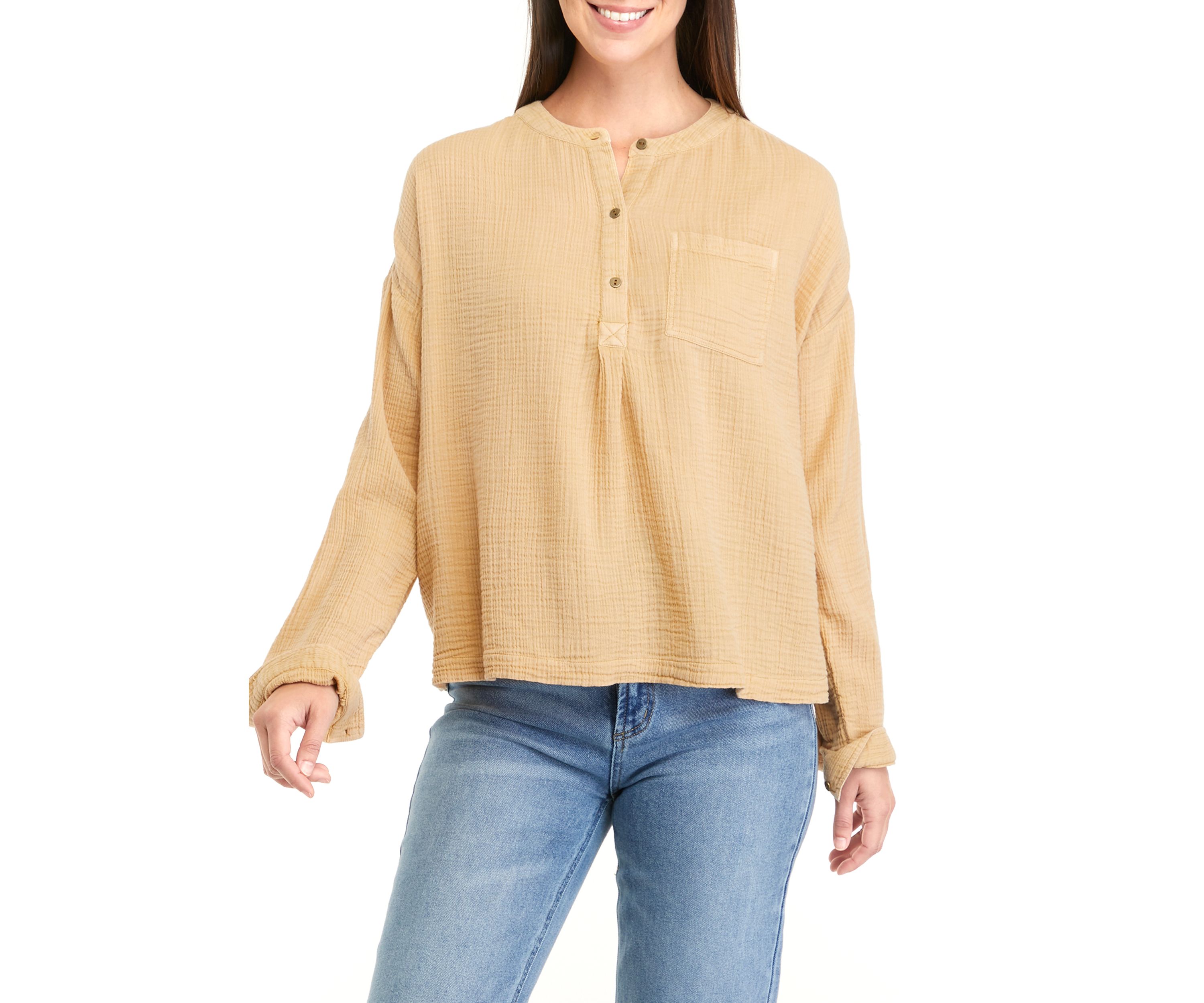 Womens Long Sleeve Gauze Henley Top							