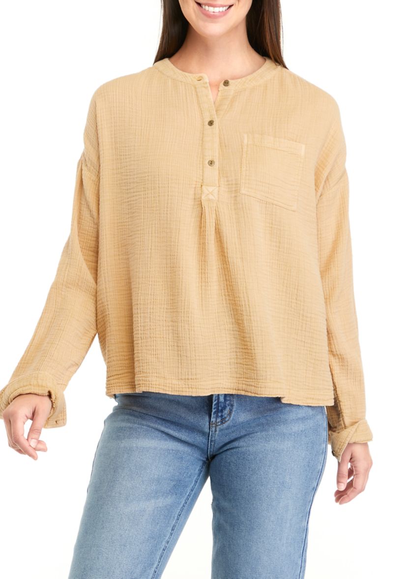 Womens Long Sleeve Gauze Henley Top							