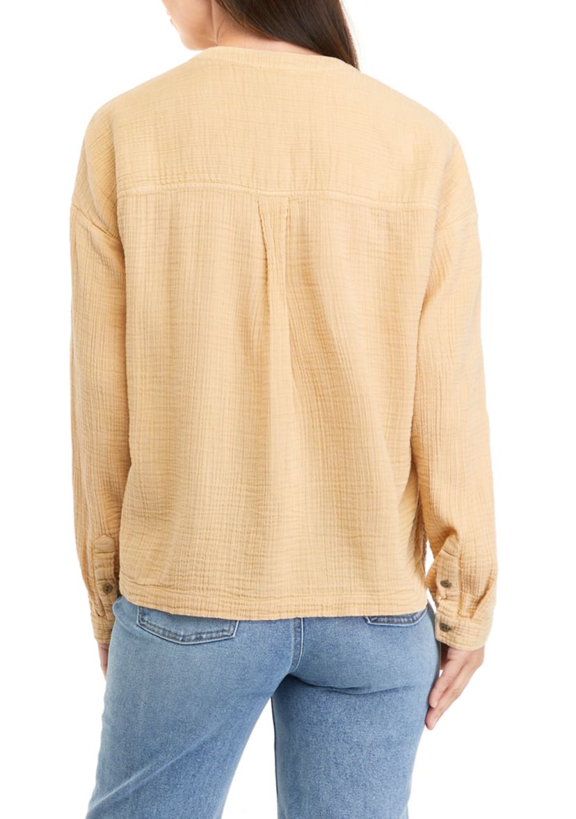 Womens Long Sleeve Gauze Henley Top							