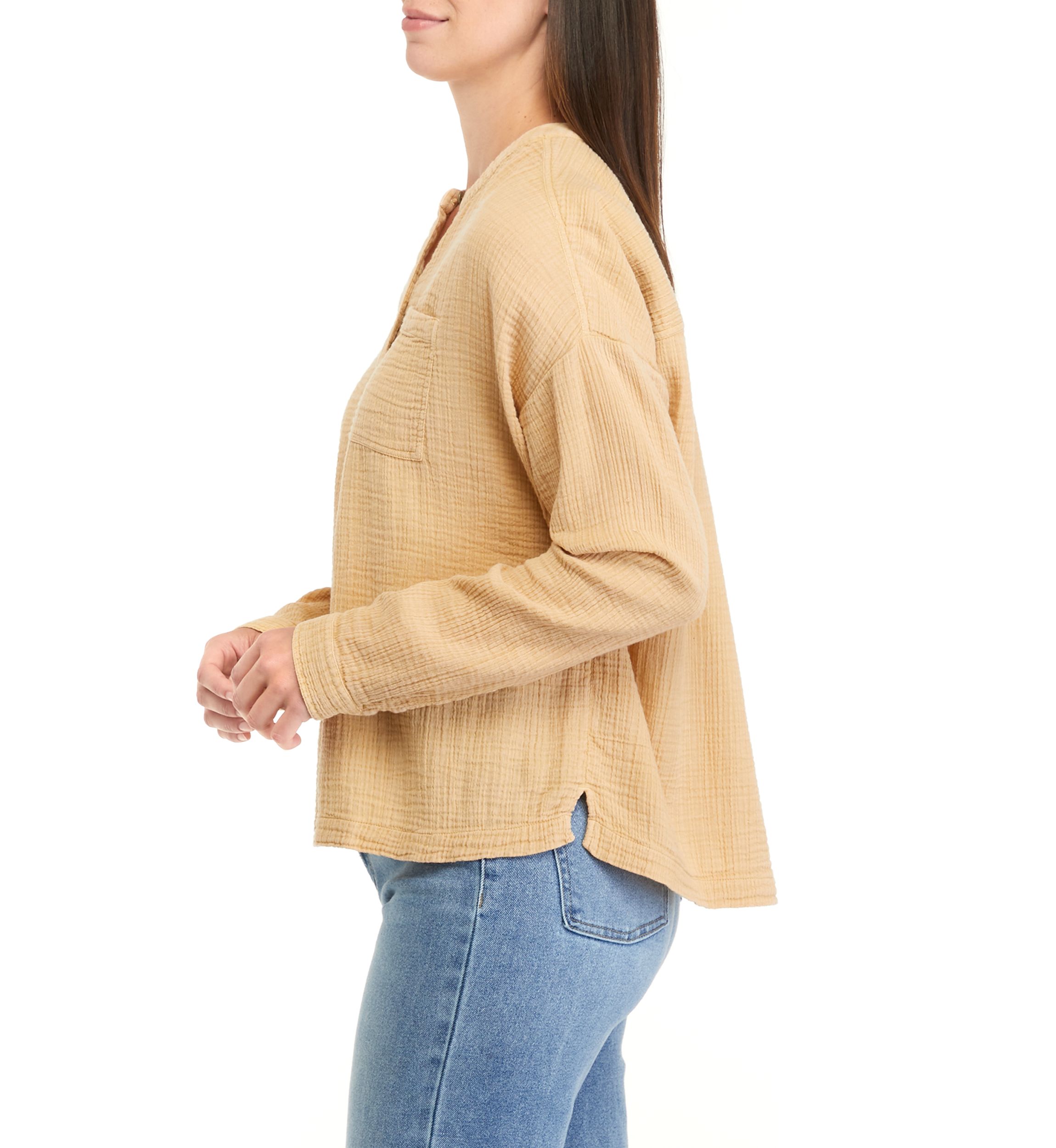 Womens Long Sleeve Gauze Henley Top							
