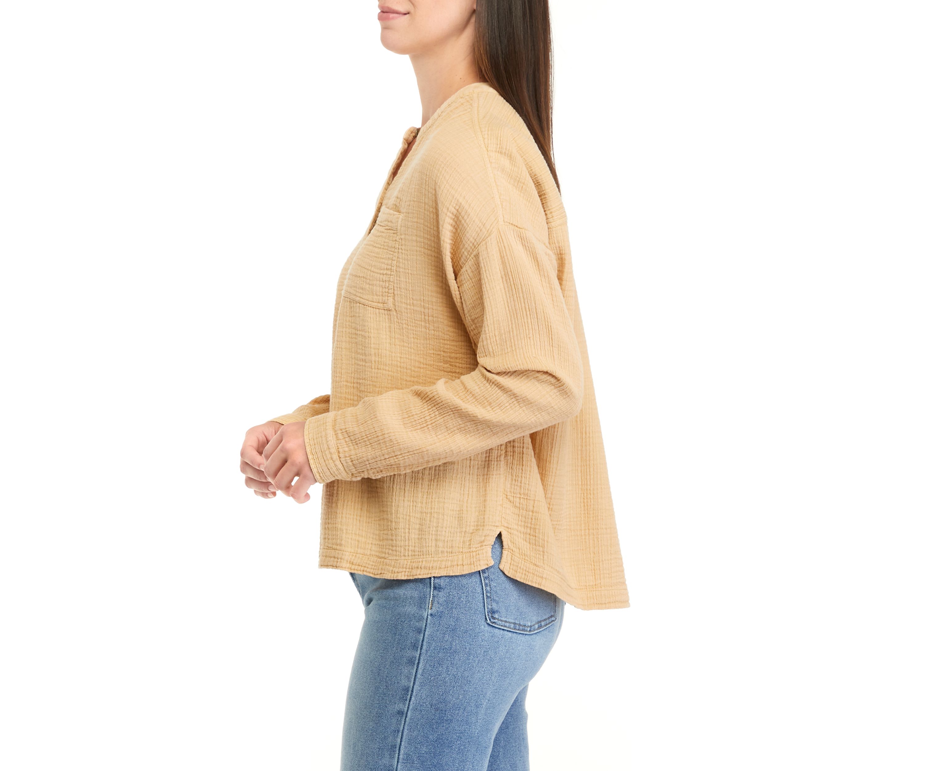 Womens Long Sleeve Gauze Henley Top							