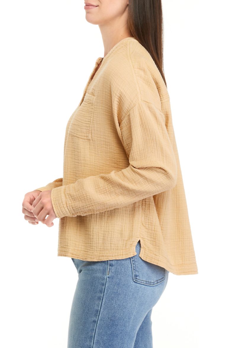 Womens Long Sleeve Gauze Henley Top							