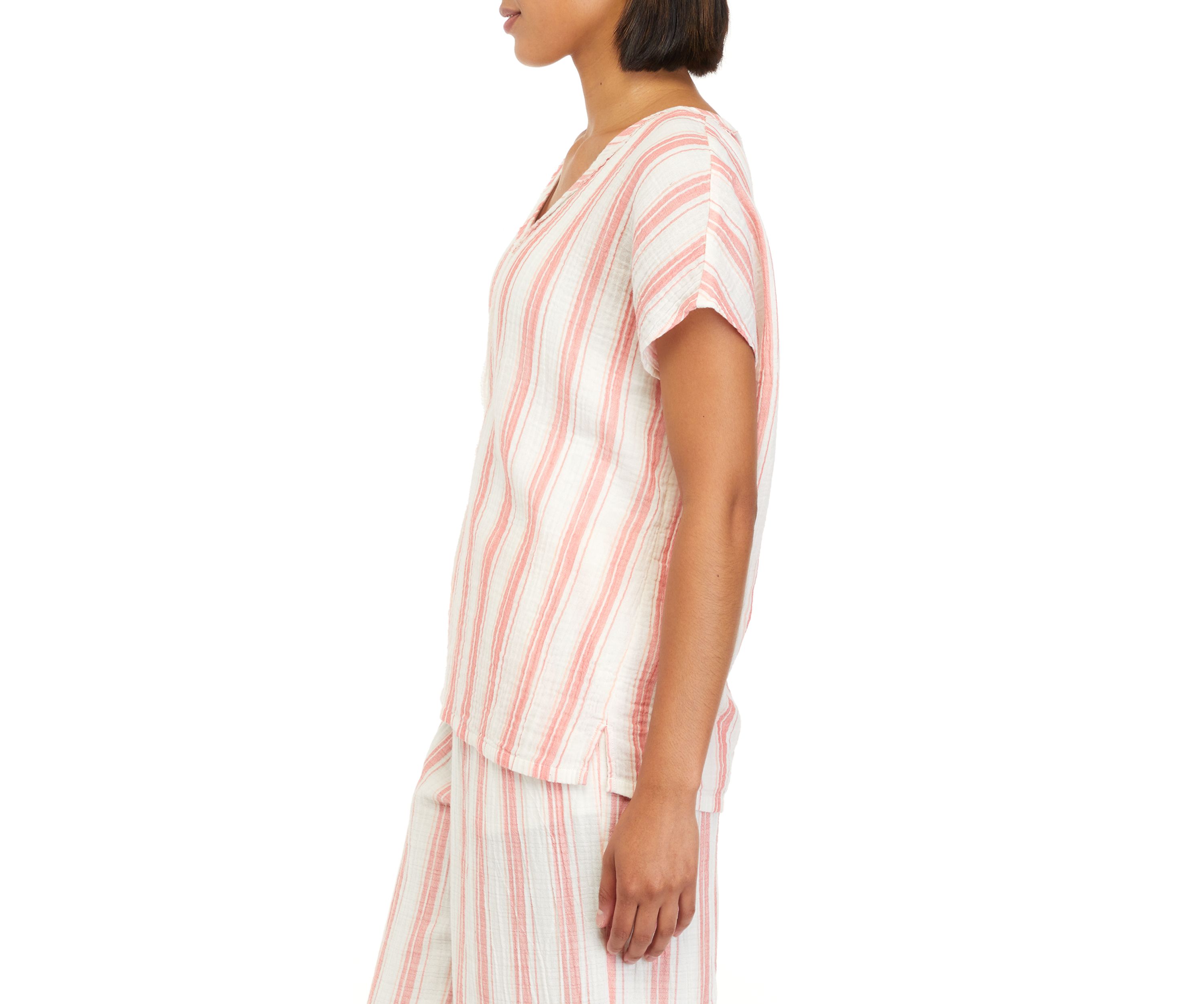 Womens Short Sleeve Cotton Gauze V-Neck Dolman Top									