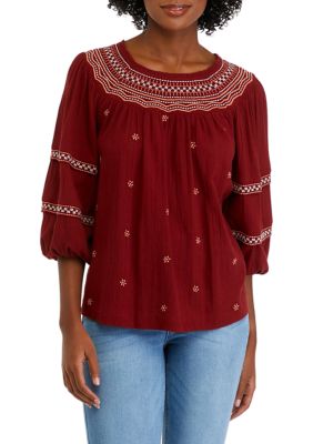 Wonderly Women's 3/4 Sleeve Tie Back Embroidered Blouse