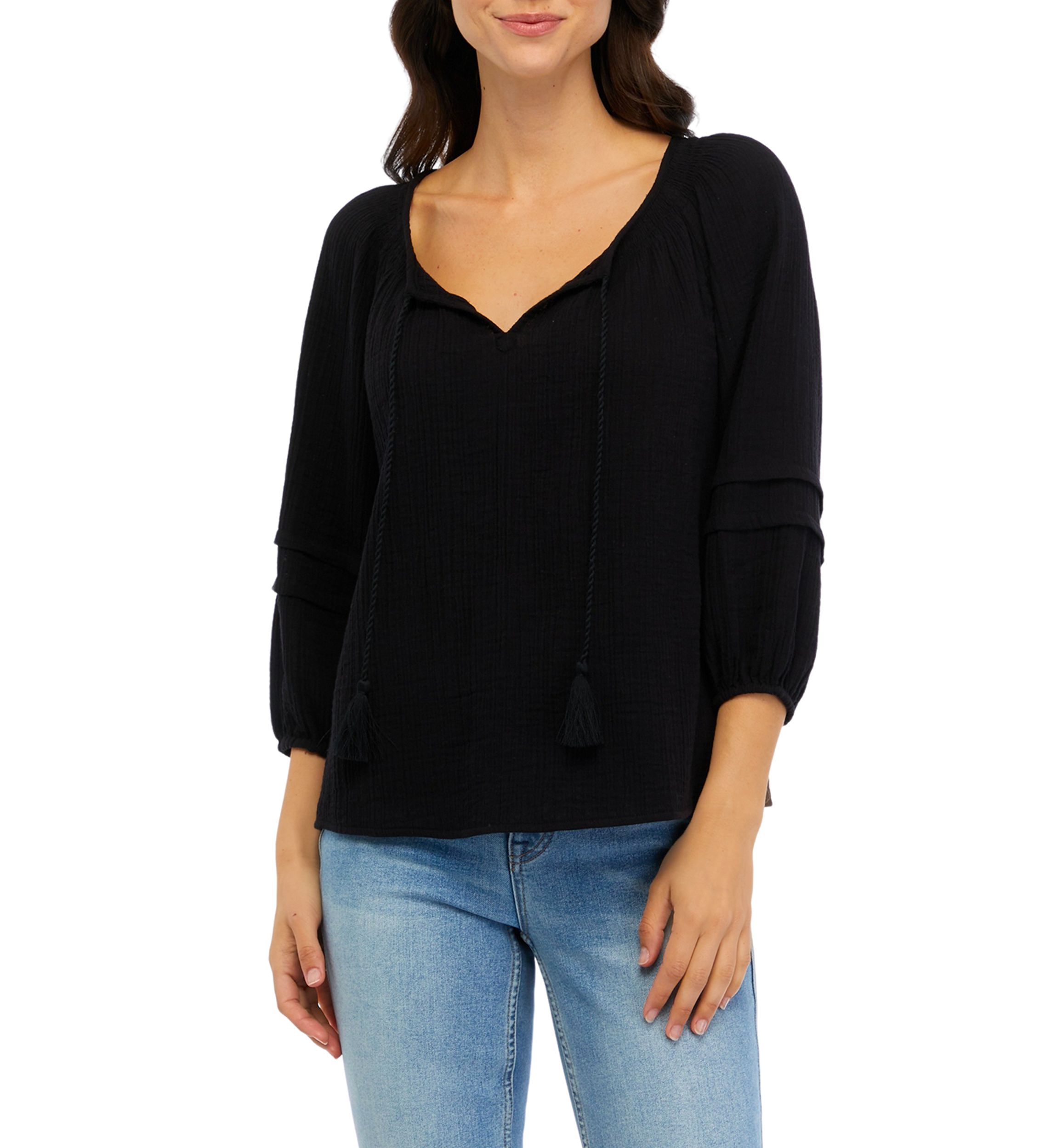 Womens 3/4 Sleeve Smocked Neck Peasant Top