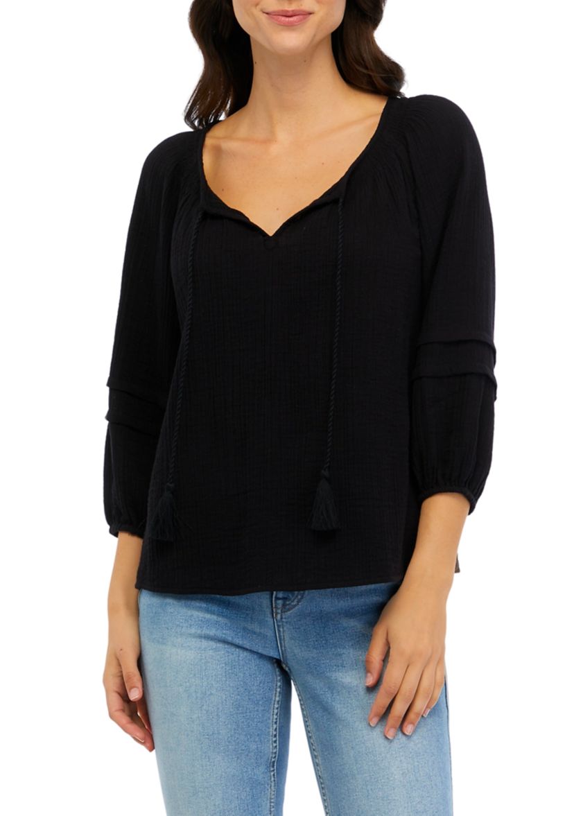 Womens 3/4 Sleeve Smocked Neck Peasant Top