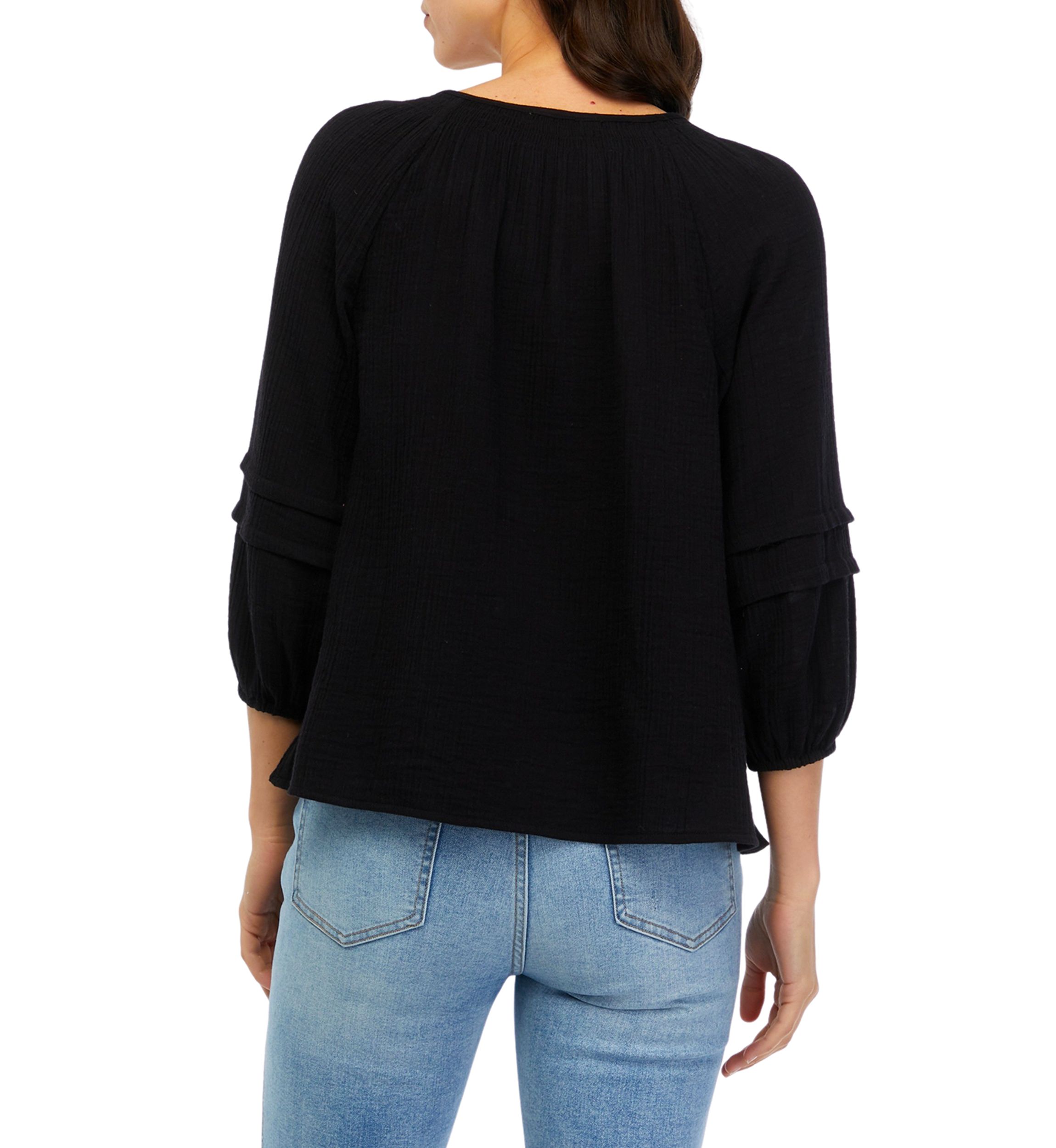 Womens 3/4 Sleeve Smocked Neck Peasant Top