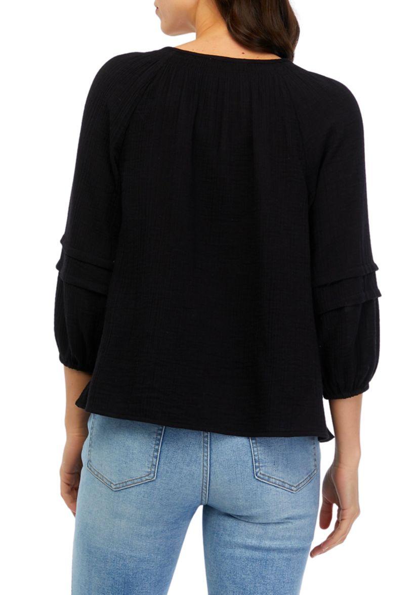 Womens 3/4 Sleeve Smocked Neck Peasant Top
