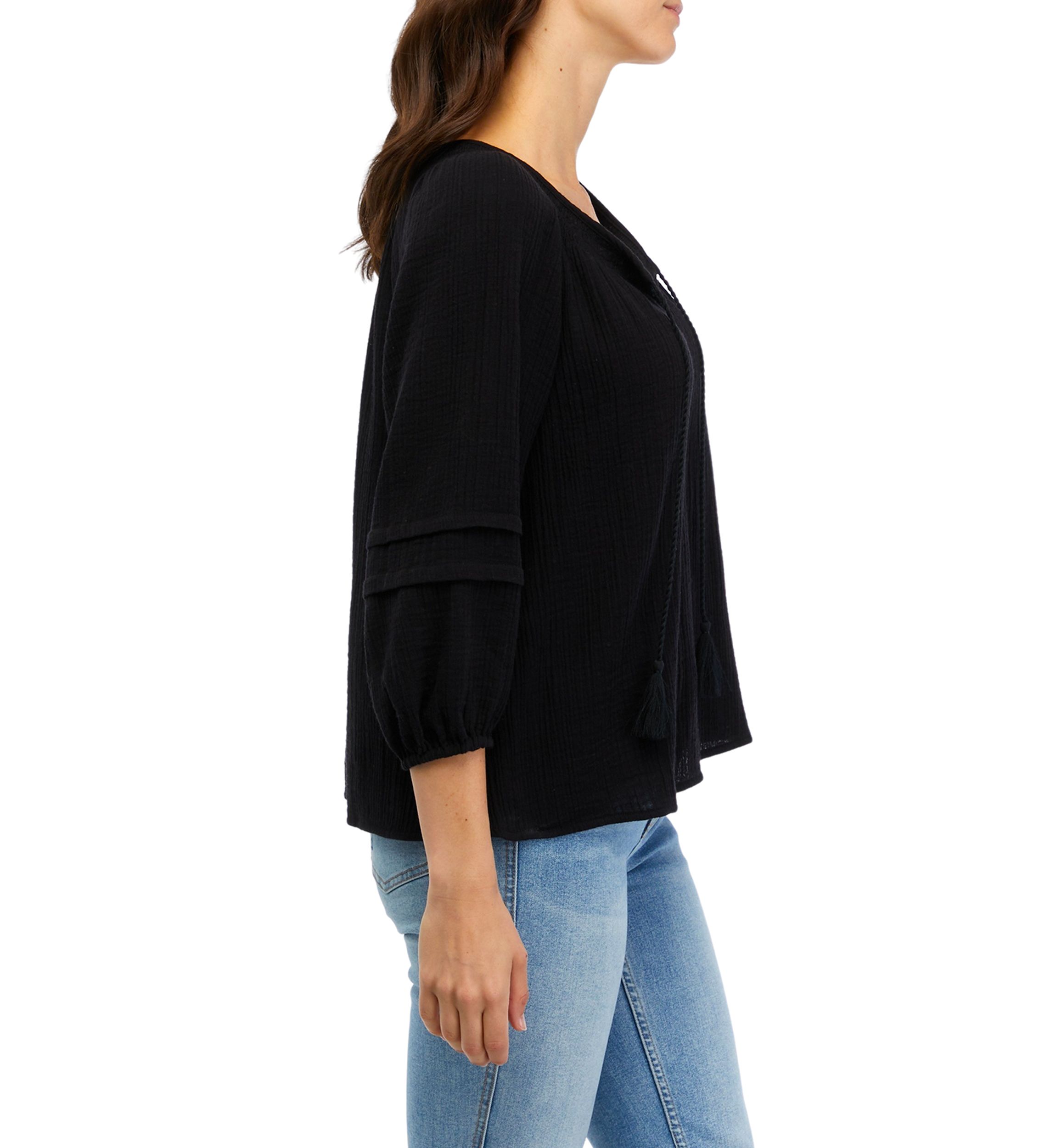 Womens 3/4 Sleeve Smocked Neck Peasant Top