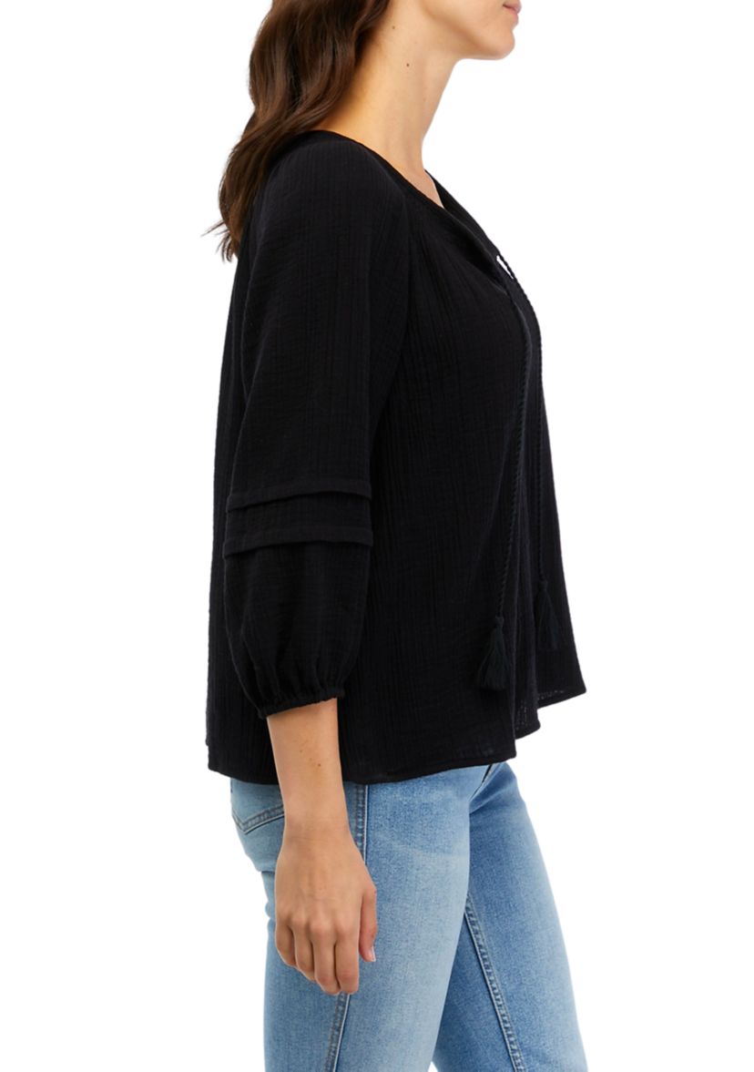 Womens 3/4 Sleeve Smocked Neck Peasant Top