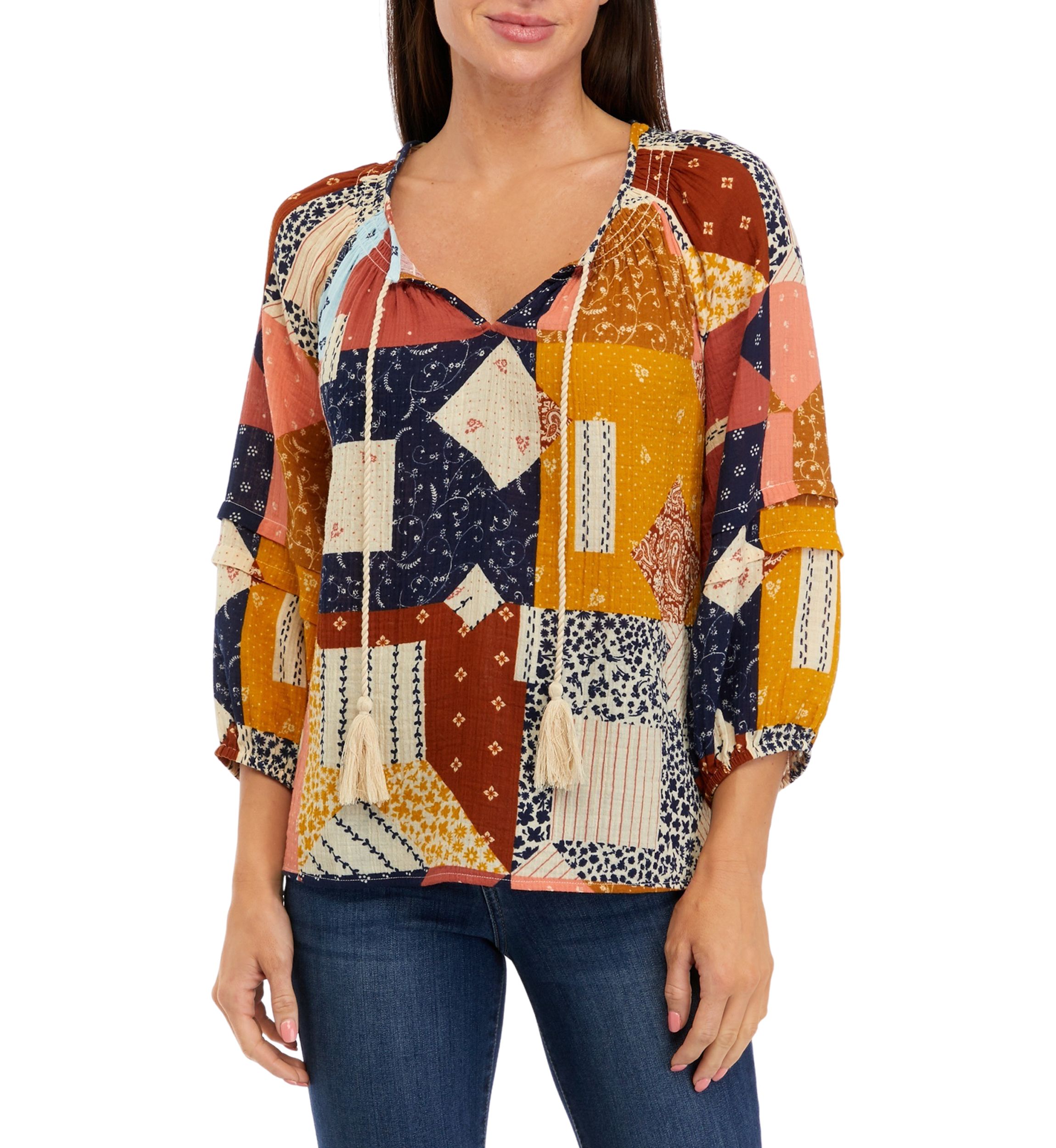 Womens 3/4 Sleeve Smocked Neck Peasant Top