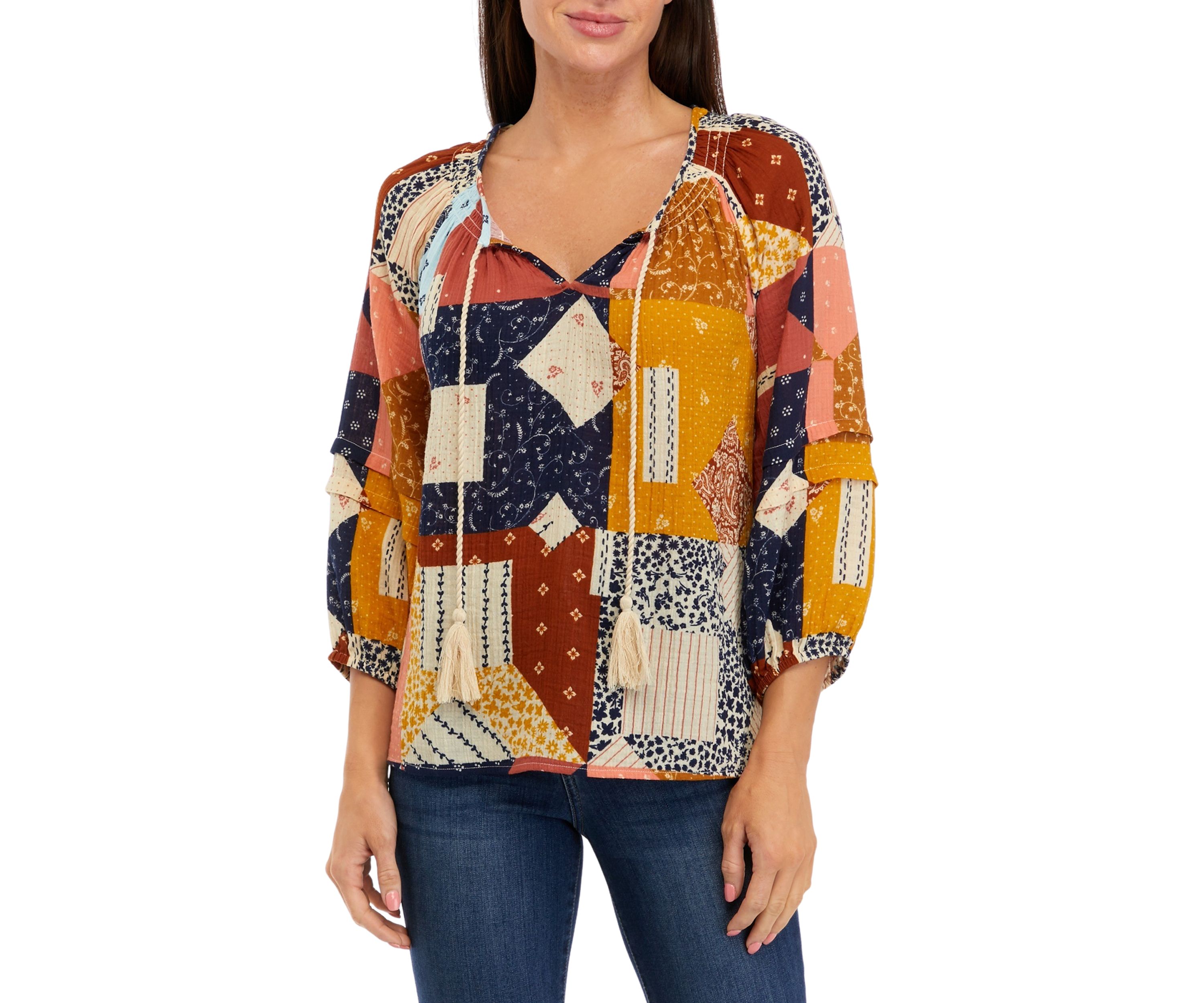 Womens 3/4 Sleeve Smocked Neck Peasant Top