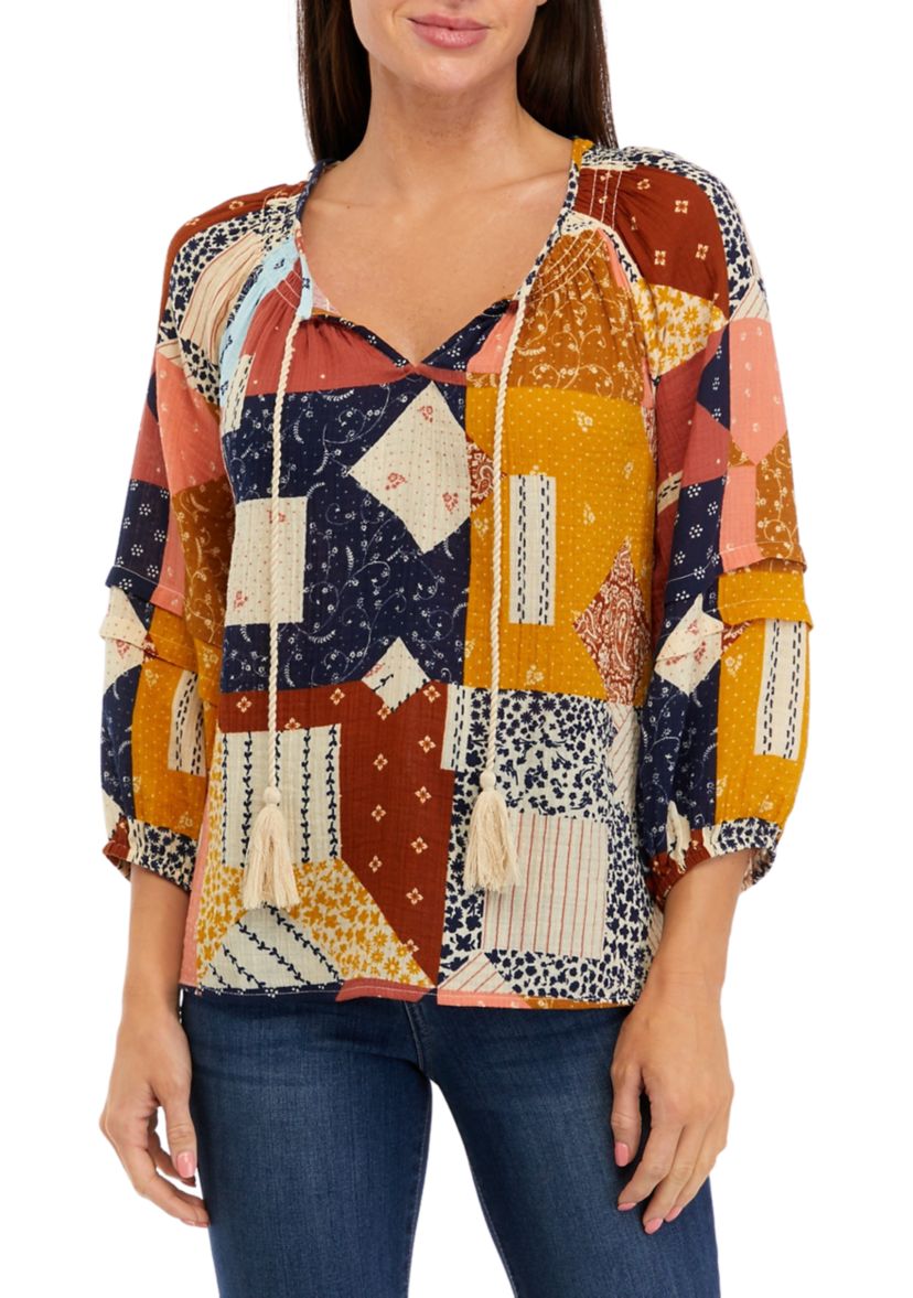Womens 3/4 Sleeve Smocked Neck Peasant Top