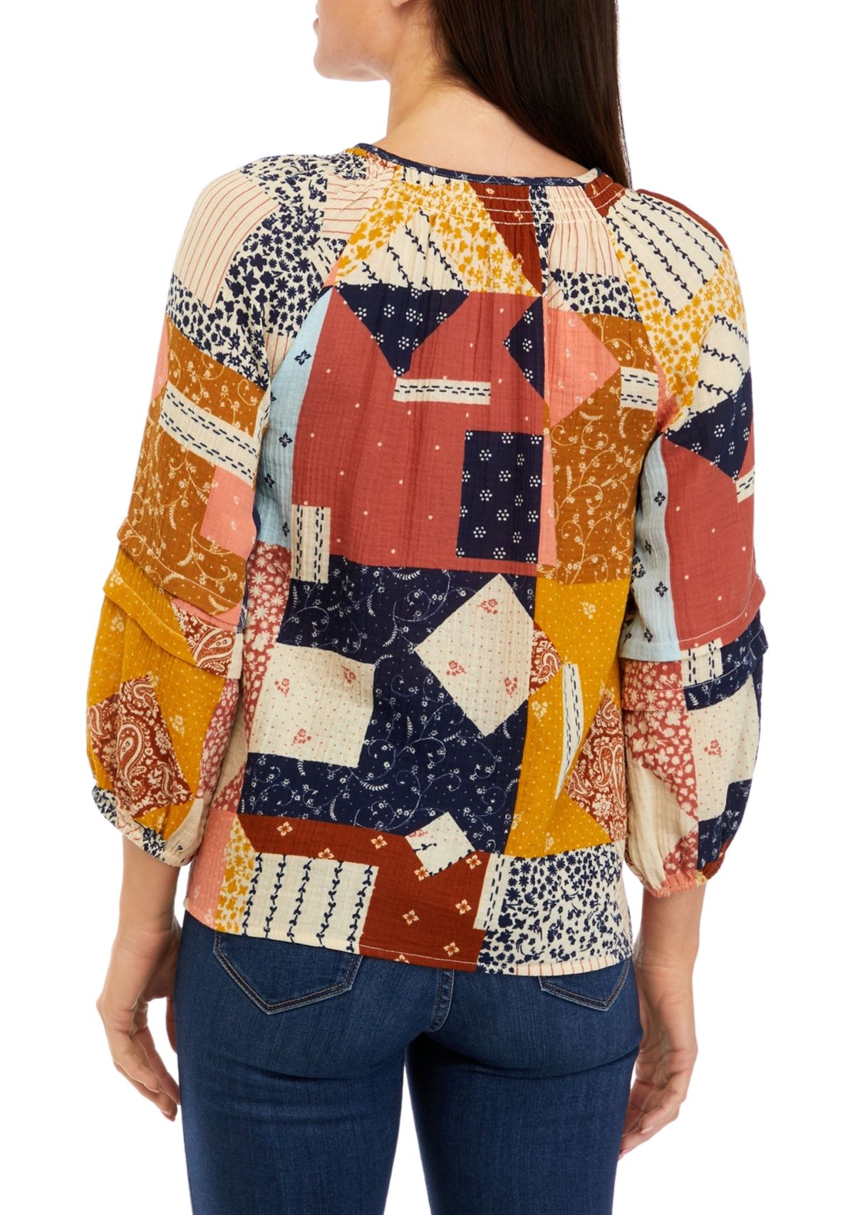 Womens 3/4 Sleeve Smocked Neck Peasant Top