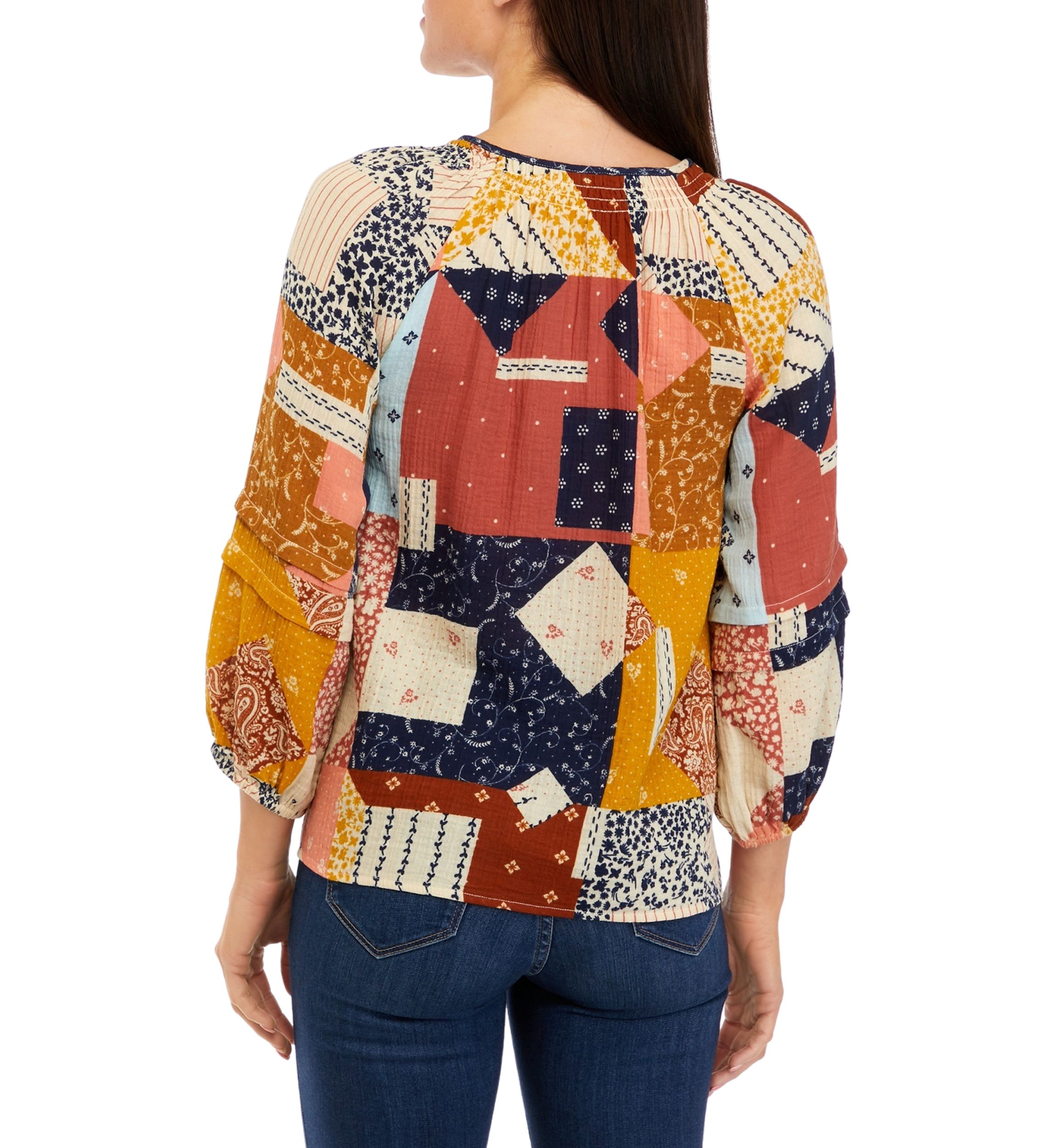 Womens 3/4 Sleeve Smocked Neck Peasant Top