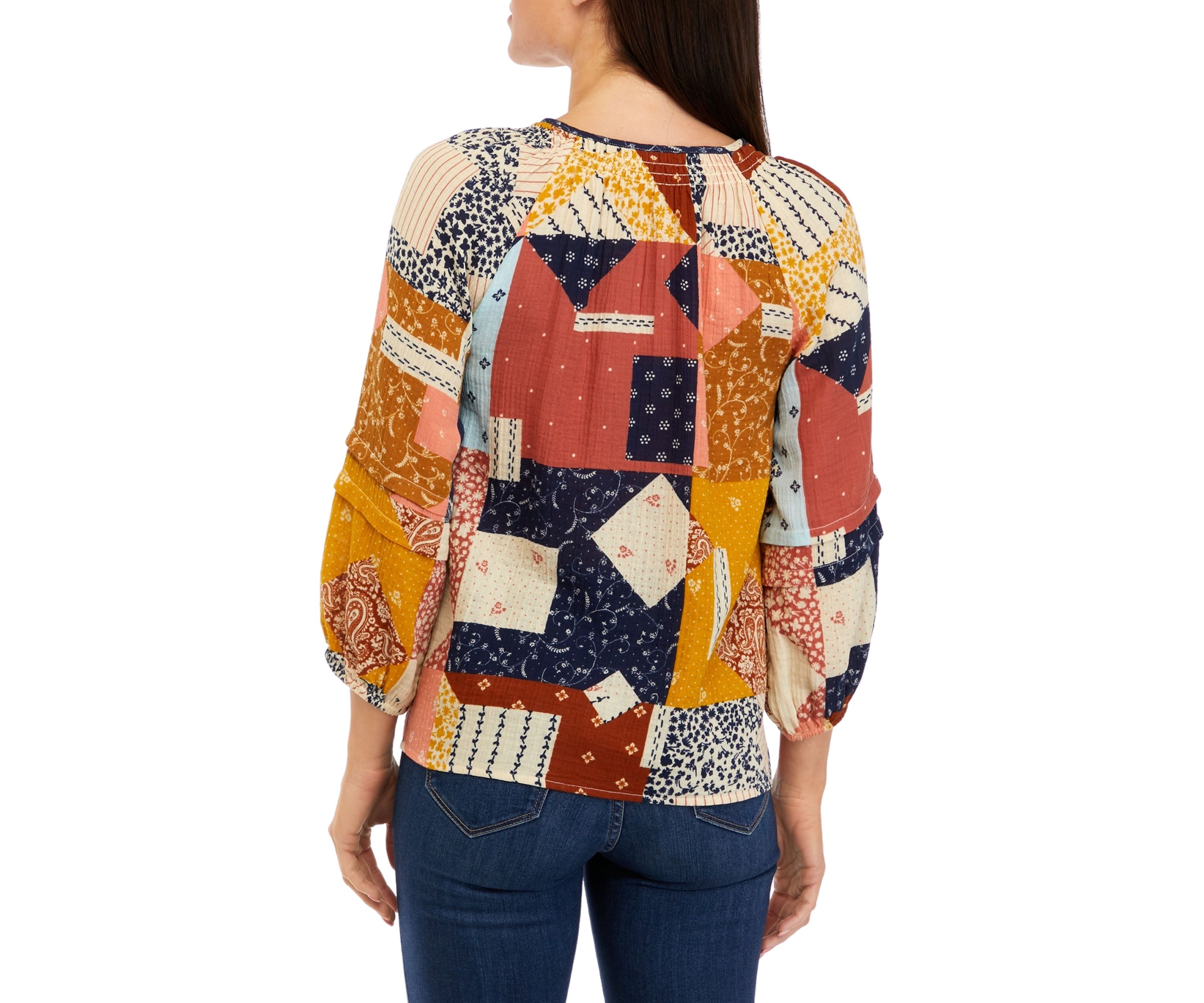 Womens 3/4 Sleeve Smocked Neck Peasant Top