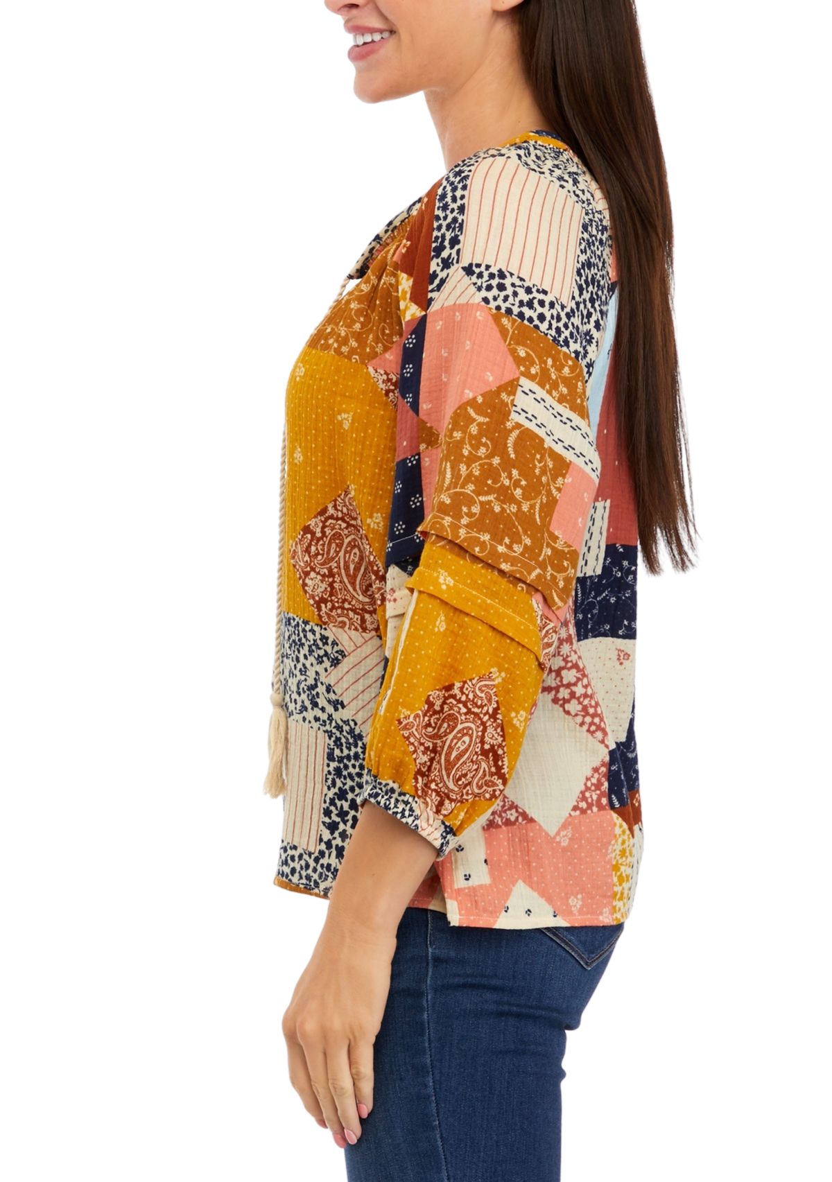 Womens 3/4 Sleeve Smocked Neck Peasant Top