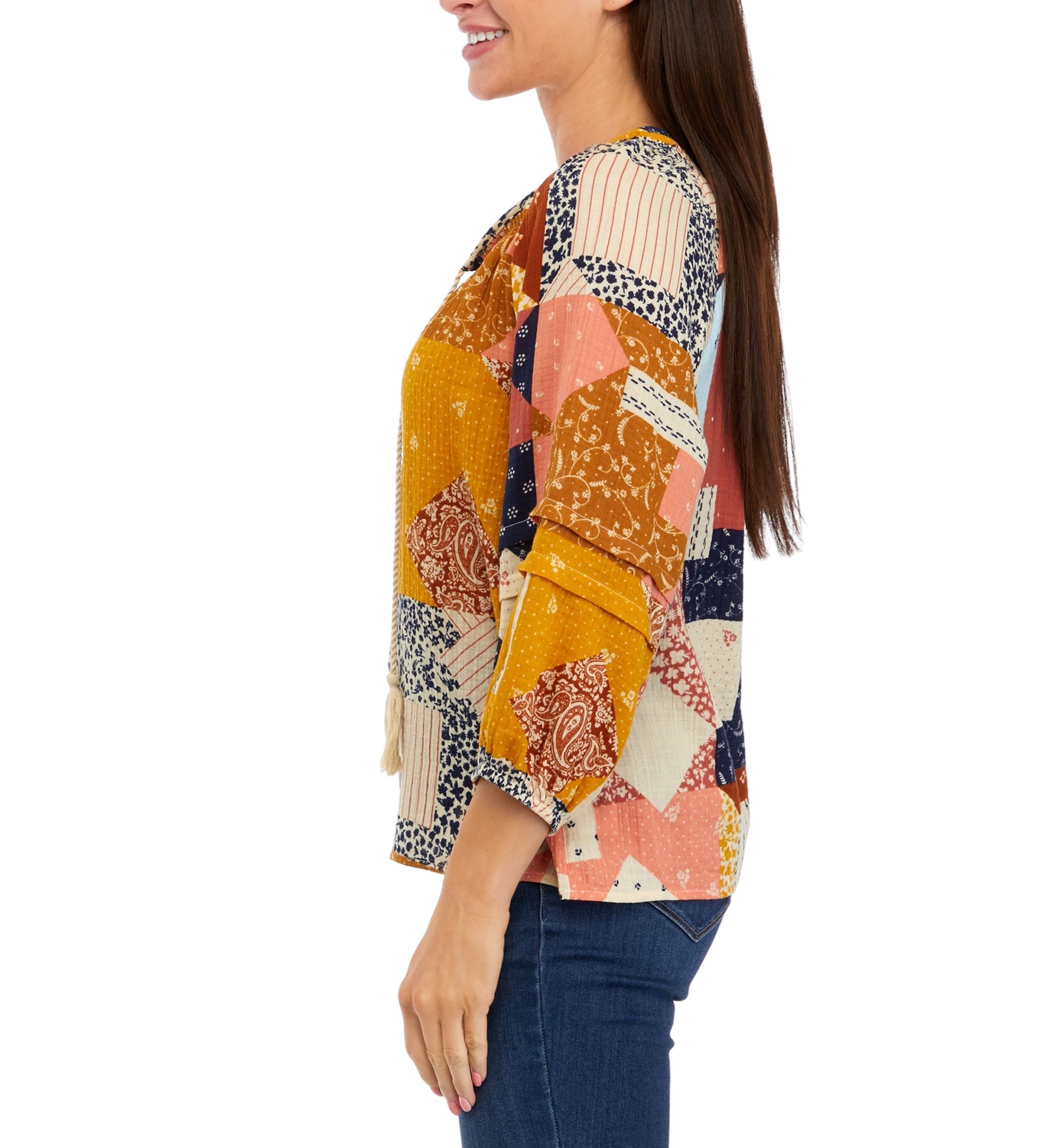 Womens 3/4 Sleeve Smocked Neck Peasant Top