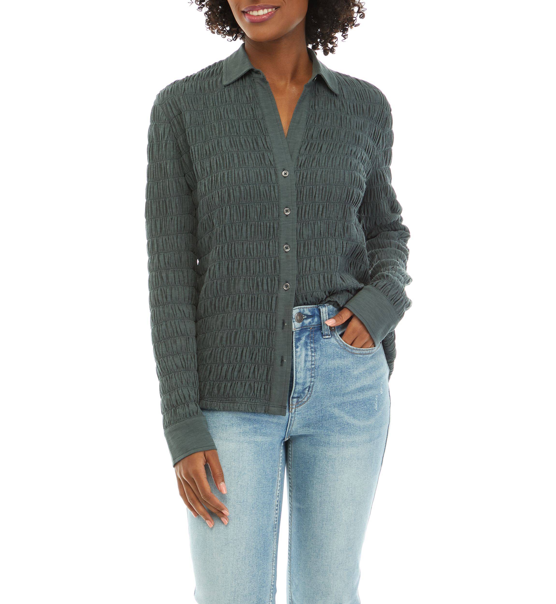 Womens Textured Knit Button Down Shirt