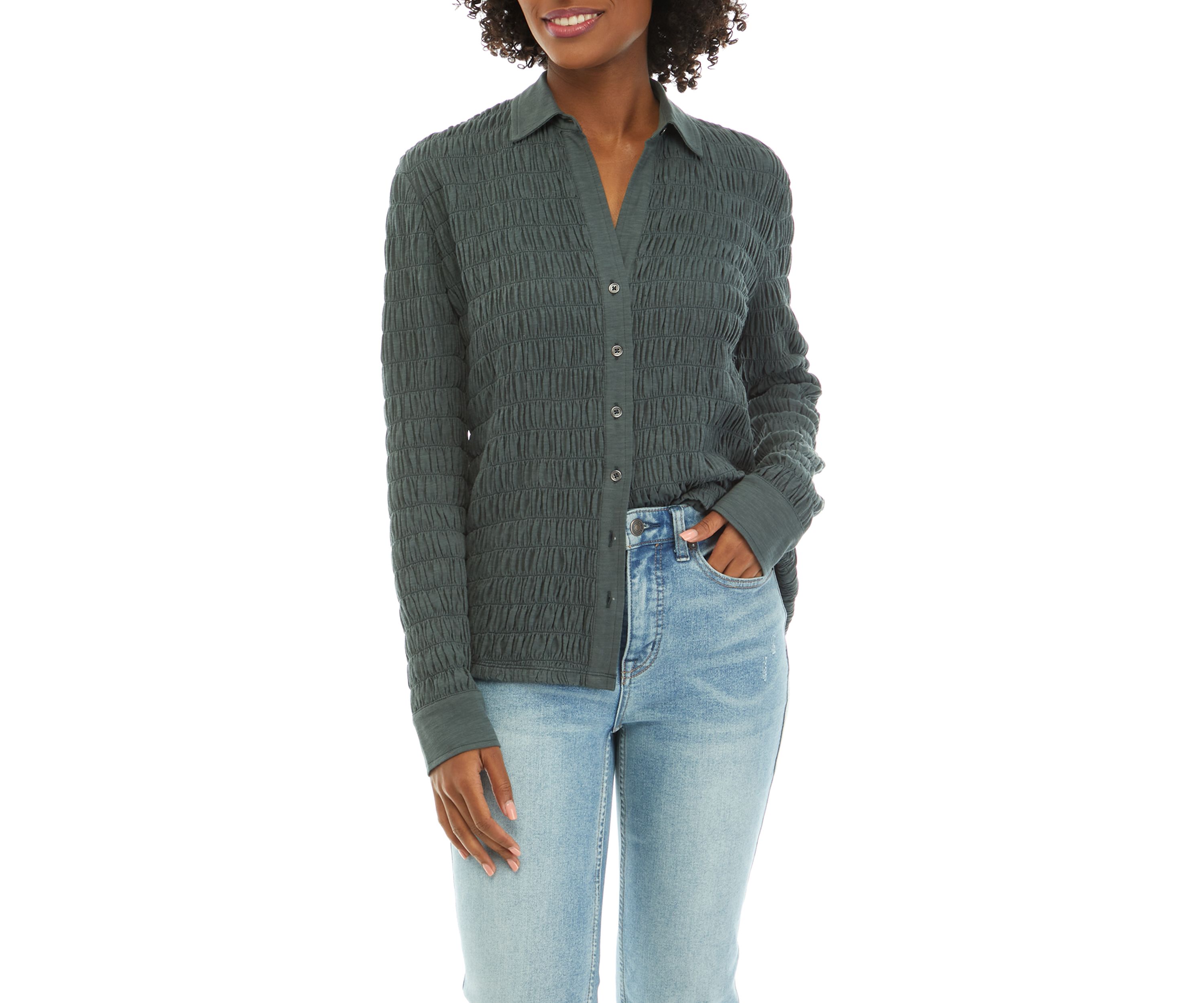 Womens Textured Knit Button Down Shirt