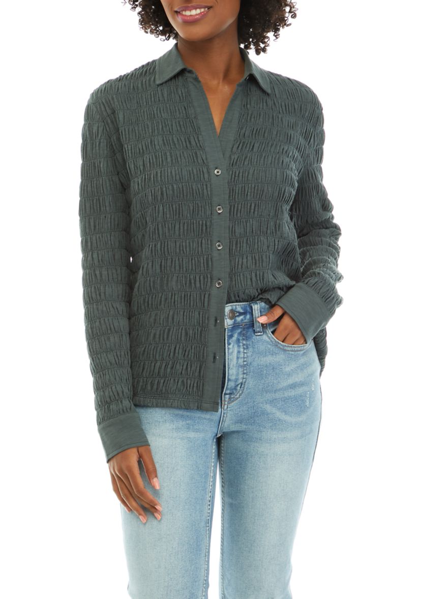 Womens Textured Knit Button Down Shirt